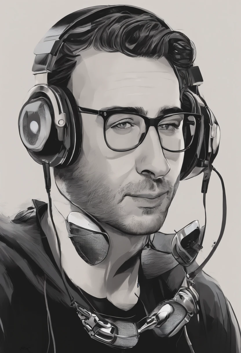 On porte un casque de musique ，Caricature of a realistic man who looks elsewhere , Portrait of an AI artist in tears, Streamer Twitch / Joueur Ludwig, Red Dieter Meme, 2d portrait, Portrait de Lofi, Portrait NFT, Portrait of an AI-hungry artist, high quality portrait, il a un casque de musique, r /art, r/art, r / art