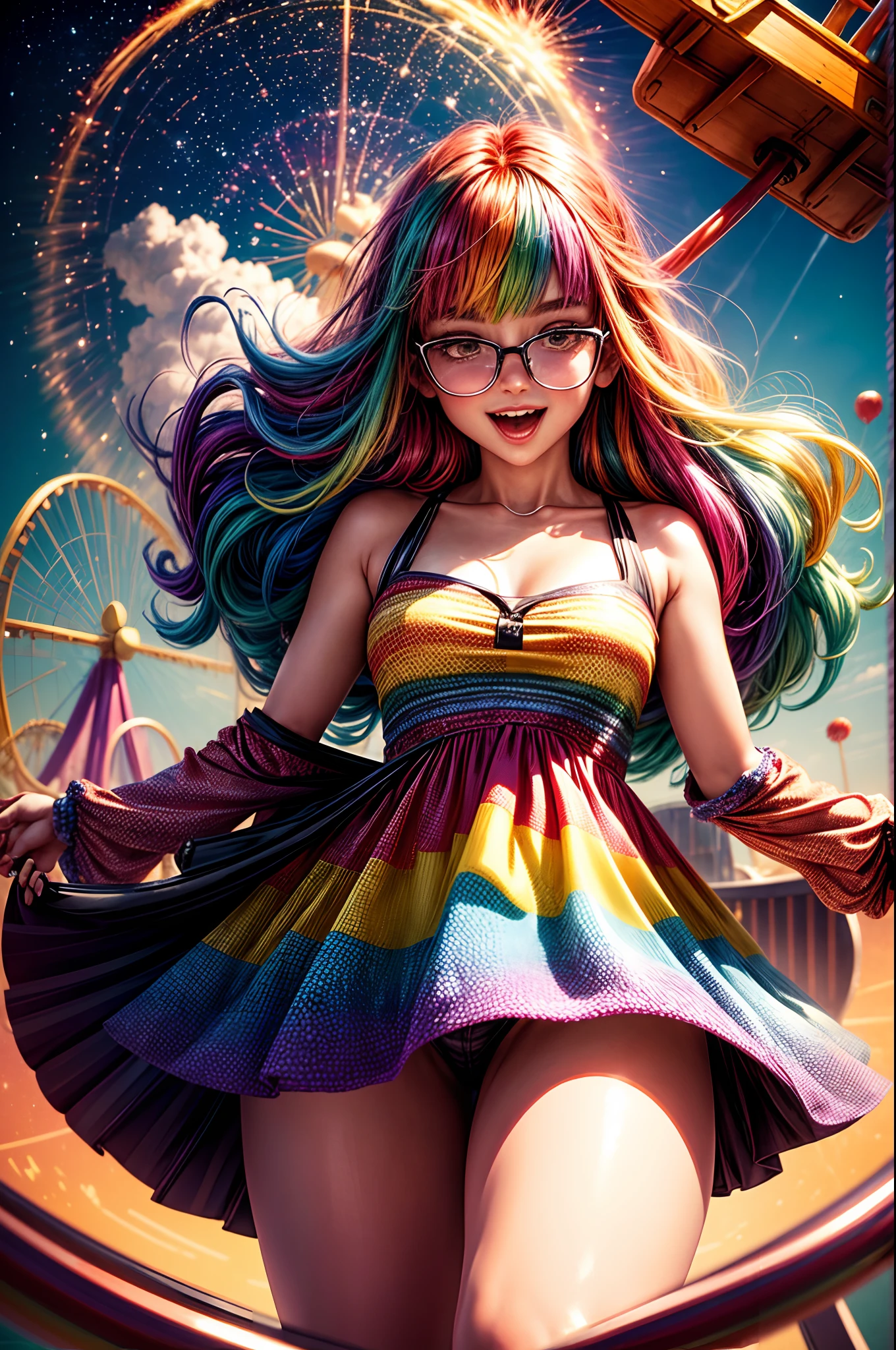 Create a charming depiction of a playful young woman with rainbow-hued hair (Hair: Hair in shades of rainbow), olhos que brilham como estrelas (olhos: Olhos brilhantes como estrelas) e um sorriso travesso que ilumina o ambiente. She's wearing a festive outfit with bright colors and fun patterns.. (garments: Festive outfit with bright colors and fun patterns) and finds itself in an amusement park full of exciting attractions (Ambiente: Exciting amusement park) with vibrant and colorful lighting (The lighting: Vibrant and colorful lighting). This image should convey joy and playful spirit.