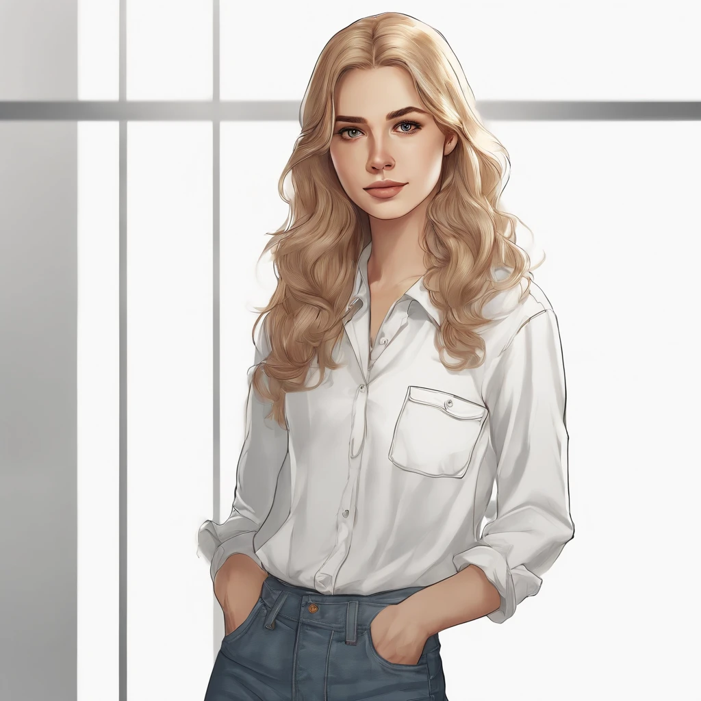 frontal image, concept art of the character, white background, full body, realistic drawing, standing, 1 schoolgirl, long and wavy golden hair, thin white long-sleeved shirt, jeans and black sneakers, 17 years old, extremely beautiful, reclusive posture and introvert, sketches of the character around her, beautiful shape and aesthetics of the face and body