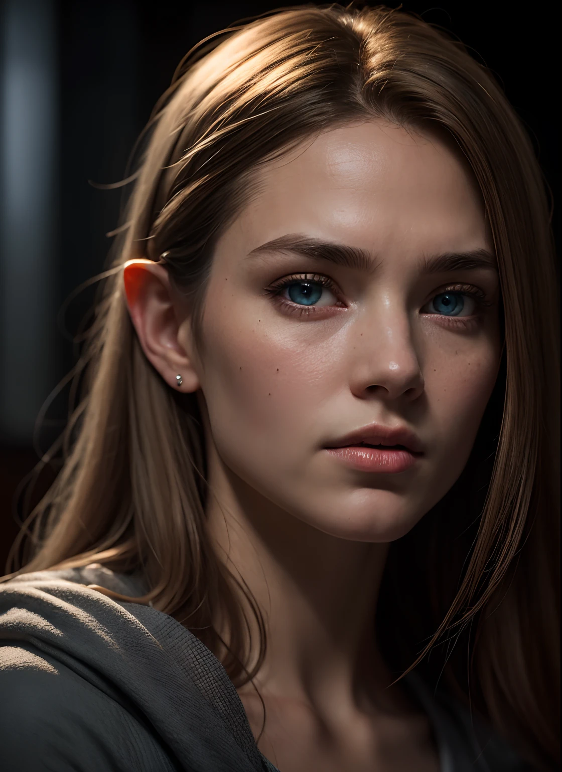 half body potarait of a beautiful woman, sharp cheekbones, grey blue eyes (detailed face, detailed eyes, clear skin, ,clear eyes), golden hair in abun lotr, fantasy, elf, female, full body, looking at viewer, portrait, photography, detailed skin, realistic, photo-realistic, 8k, highly detailed, full length frame, High detail RAW color art, piercing, diffused soft lighting, shallow depth of field, sharp focus, hyperrealism, cinematic lighting