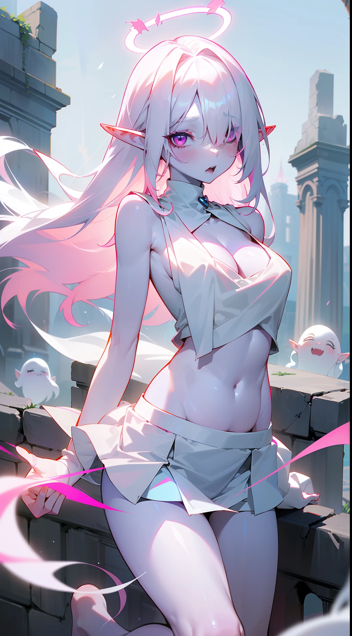 Original Character,8k, Masterpiece, Best Quality,Detailed, Beautiful Detailed Eyes,fine skin),16 years old,1vampire girl,solo,pink eyes,white hair, long hair,(((white skin,colored skin,hair over one eye,pink halo))),sharp teeth,(large breasts),((bare belly,white sleeveless and shoulderless t-shirt,cleavage,white skirt,bare foots,sexy,sensual,elf ear,blush)),((flying in front a stones ruins in night, cutes ghosts around)),night,pink halo,white skin,colored skin,Gapmoe Yander Grimdark,yandere,gapmoe yandere,Intricate Yandere