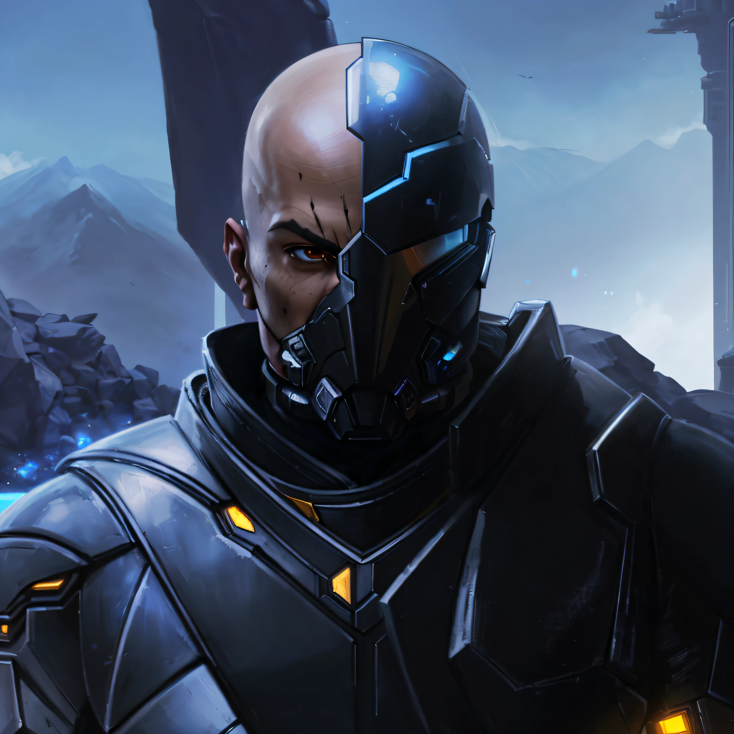 arafed man in a futuristic suit standing in front of a mountain, metabaron, turian, inspired by Rajmund Kanelba, bioware, starcraft 2 videogame character, clothed in stealth armor, clothed in sci-fi military armor, dren from splice, face of an armored villian, anfas portrait of a mech warrior