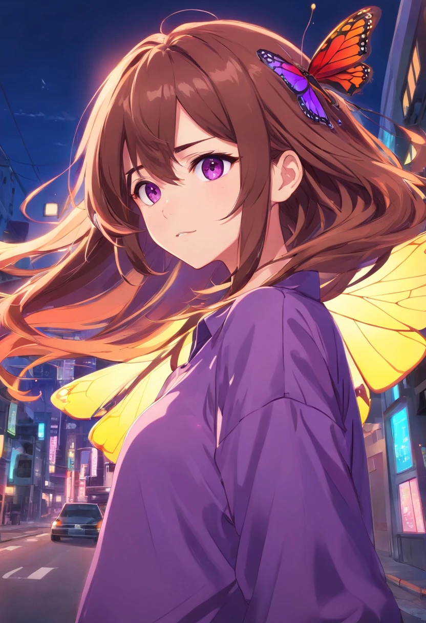 1girl, arm behind head, brown hair, bug, butterfly, closed mouth, hair between eyes, long hair, long sleeves, looking at viewer, messy hair, multicolored hair, one eye closed, parody, purple hair, purple shirt, red eyes, shirt, solo, two-tone hair,