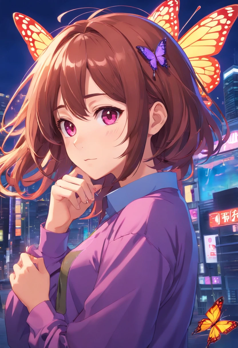1girl, arm behind head, brown hair, bug, butterfly, closed mouth, hair between eyes, long hair, long sleeves, looking at viewer, messy hair, multicolored hair, one eye closed, parody, purple hair, purple shirt, red eyes, shirt, solo, two-tone hair,