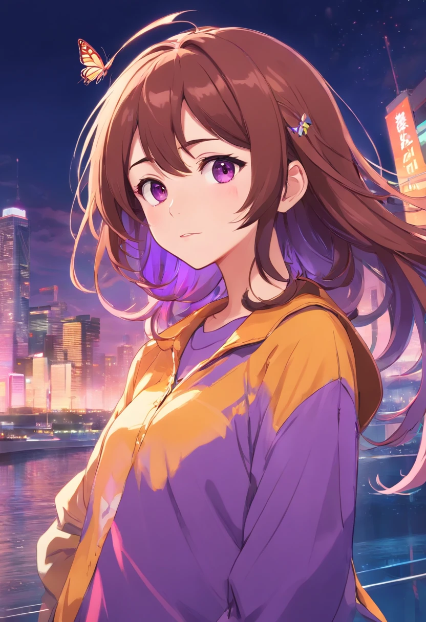 1girl, arm behind head, brown hair, bug, butterfly, closed mouth, hair between eyes, long hair, long sleeves, looking at viewer, messy hair, multicolored hair, one eye closed, parody, purple hair, purple shirt, red eyes, shirt, solo, two-tone hair,