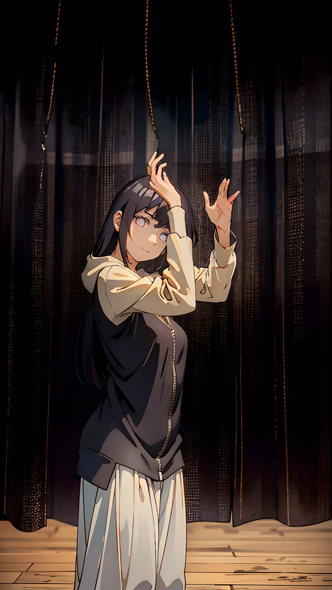 Hinata Hyuga/Girl/shipuden/bangs, oversized clothes, hoodie, bright eyes with abundant eyelashes///, bright skin, Masterpiece, 8k, 4k. FullHD. Detailed, big eyes/perfect and detailed/ 8k long dark hair/ fitted jumpsuit to the body black color // harmony //big breasts///I want the color of the clothes he is wearing to be dark/// smile cute// thin arms /small and delicate woman's hands //girl///pale skin/ hoddie clothe///woman's arms///long sleeve t-shirt ///smiling pretty///defined details in eyes///face///body///masterpiece in image////8k//FULLHD/curtain behind/capture movements of the reference ///masterpiece/ background equal to the reference image//wooden floor//White shoes//