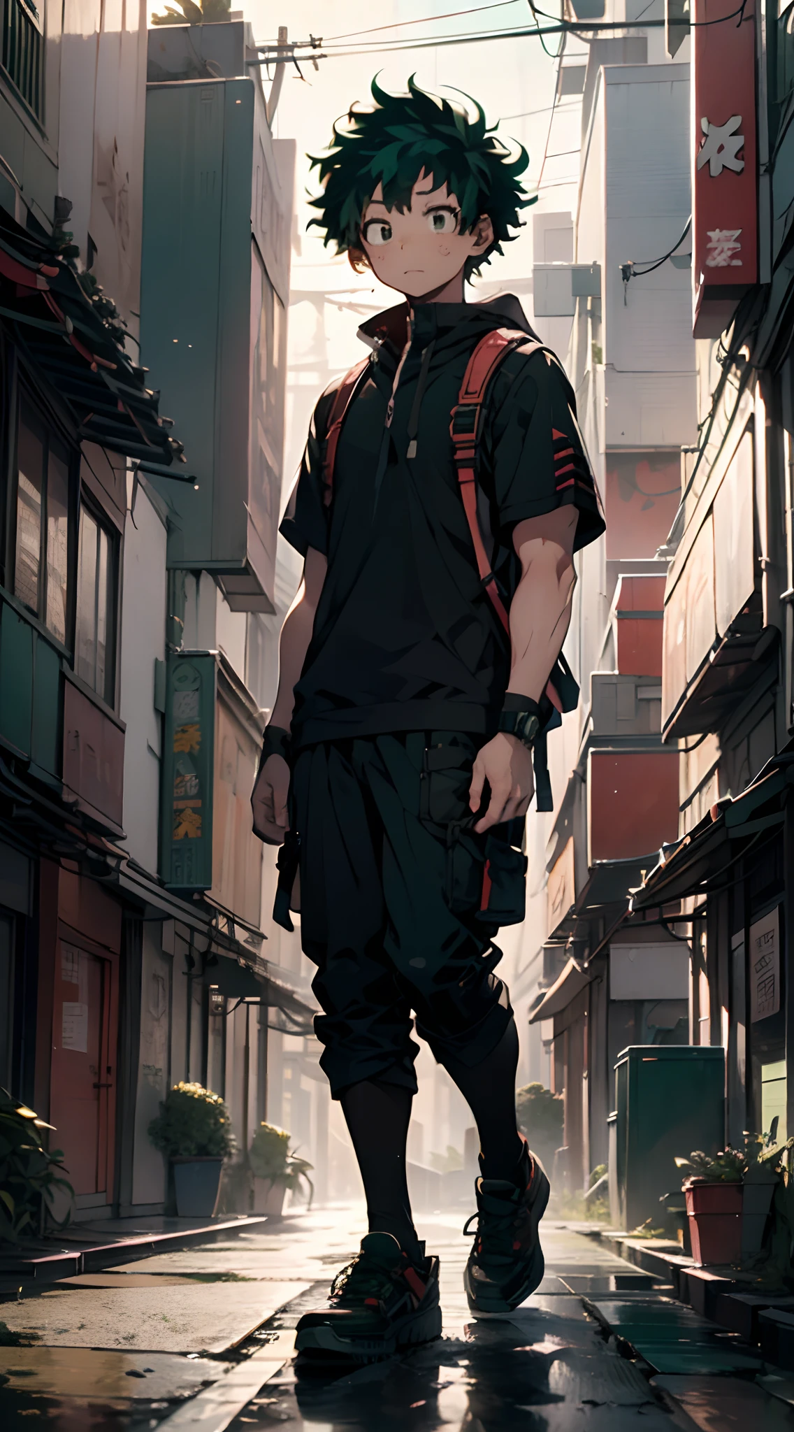 (midoriya_izuku), full body shot, look at viewer, street wear, A handsome boy, frontal, green hair, on the street, super high detail, high real, 4K, super detail, anime boy, anime style, cyberpunk city background