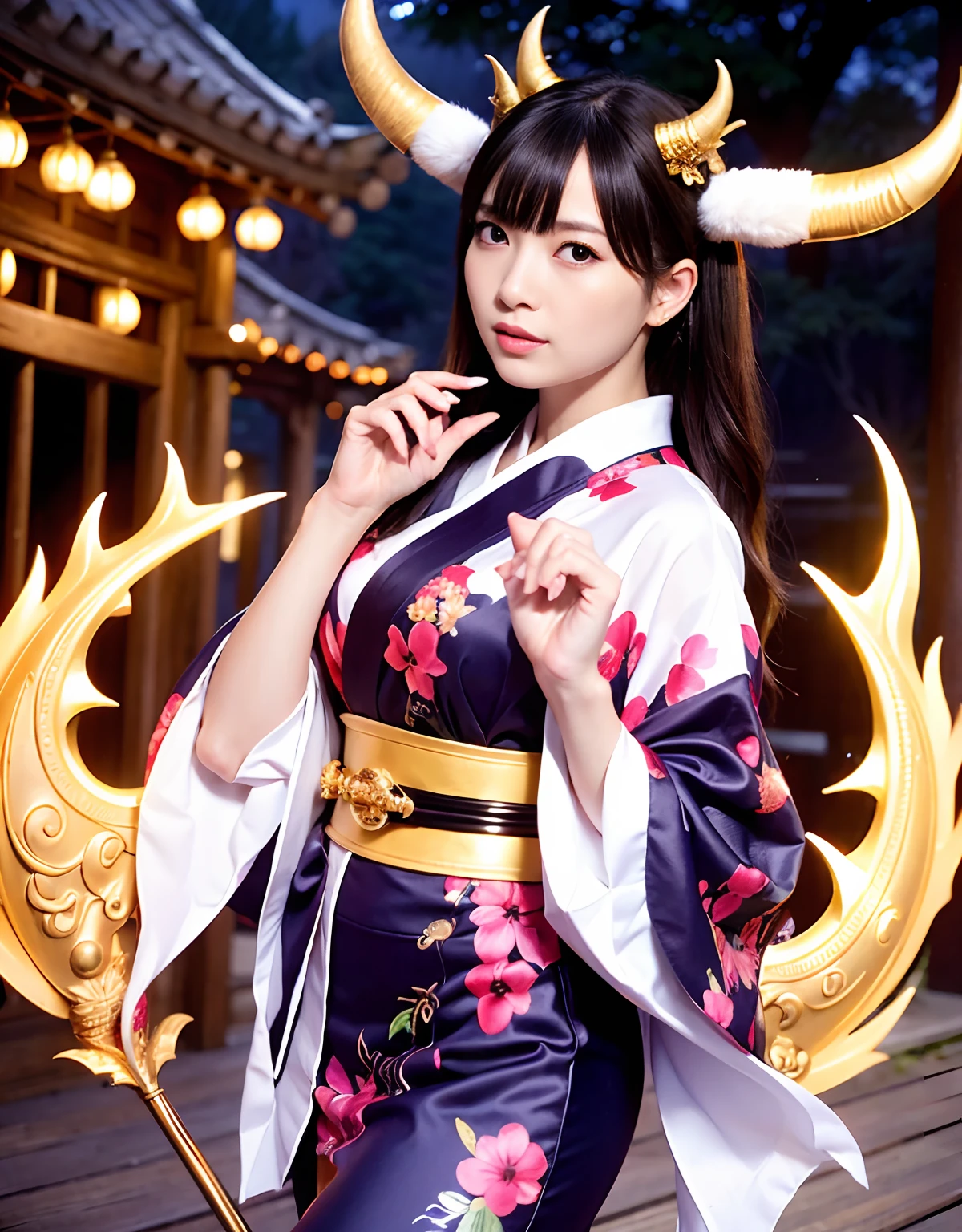 ((World of Darkness)),Professional , masterpiece、top-quality、photos realistic , depth of fields 、(sexypose)、Oiran hairstyle、Maiko's hairstyle、(White maple on full bloom background),(Ultimate Beauty)、A dark-haired、(shrine background)、(Kimono with beautiful pattern)、(Night background)、Beautiful hair ornament on the head、((Precipitous cliffs)),(Wear a beautiful kimono),(Wear a beautiful kimono with colorful floral patterns)、Jewel Gold Weapon、Particles of light),(Wearing a wizard's hat)、Gorgeous gold weapons ,Castle background、(( Gorgeous Dragon Sword)) , (a dark night),,(maikurobikini) 、((Black Haired Beautiful Girl))、(Castle background)、(demonic wings)、((Gangle's forest background))、Beautiful Caucasian beauty、1a person、dynamic ungle,(((Two devil's horns on the head)))、Smaller head、Idle Smile、Thin and beautiful female hands、Mystical expression、Light Effects、intense fighting、Wind-effect、magic circles、With the legendary magic wand、Dragon's tail、Full Body Angle、