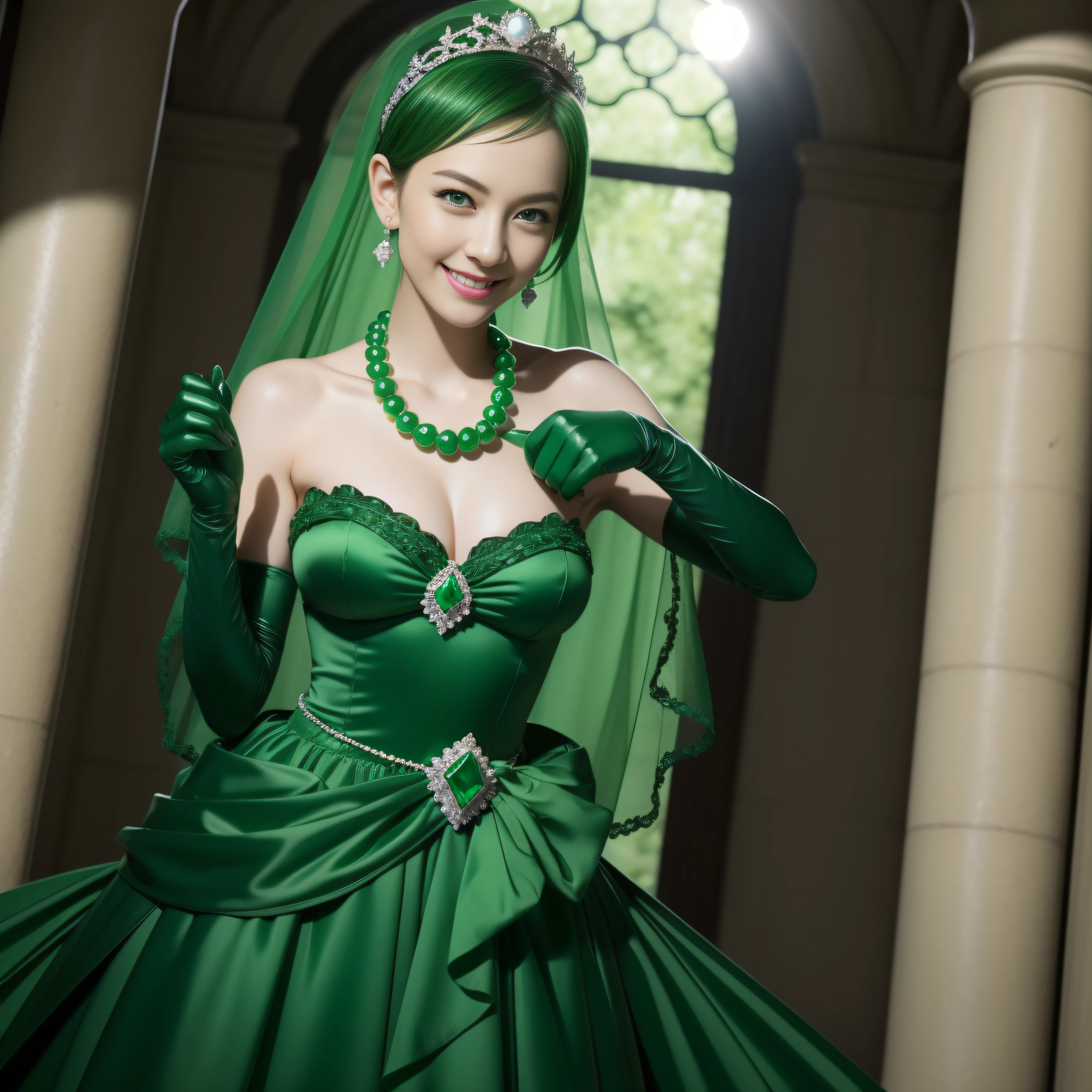 emerald tiara, Green Pearl Necklace, Boyish very short green hair, lipsticks, Japan woman smiling, very short short hair, big breasts beautiful, Green eyes, Long green gloves made of satin material, Green eyes