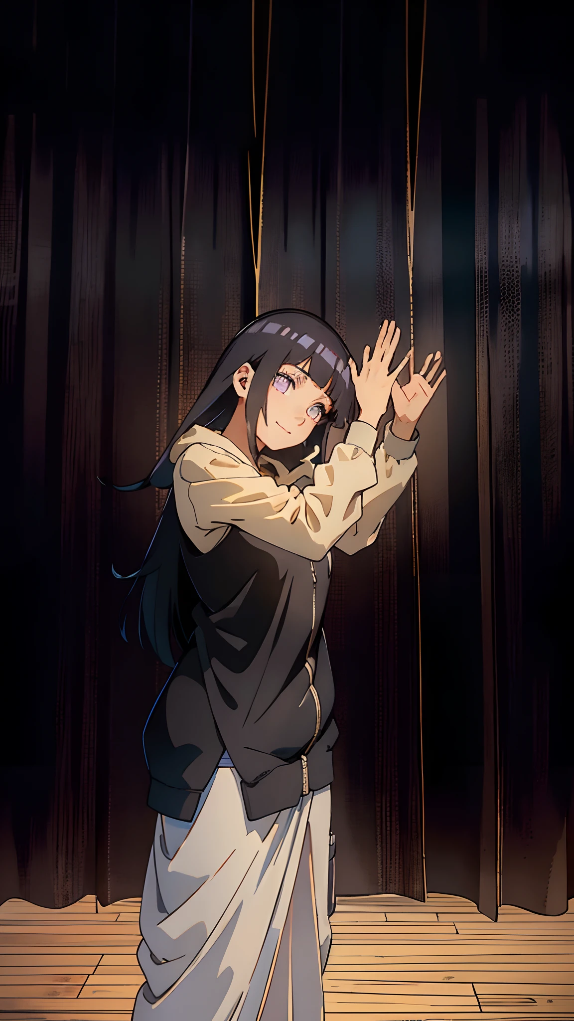 Hinata Hyuga/Girl/shipuden/bangs, oversized clothes, hoodie, bright eyes with abundant eyelashes///, bright skin, Masterpiece, 8k, 4k. FullHD. Detailed, big eyes/perfect and detailed/ 8k long dark hair/ fitted jumpsuit to the body black color // harmony //big breasts///I want the color of the clothes he is wearing to be dark/// smile cute// thin arms /small and delicate woman's hands //girl///pale skin/ hoddie clothe///woman's arms///long sleeve t-shirt ///smiling pretty///defined details in eyes///face///body///masterpiece in image////8k//FULLHD/curtain behind/capture movements of the reference ///masterpiece/ background equal to the reference image//wooden floor//White shoes//