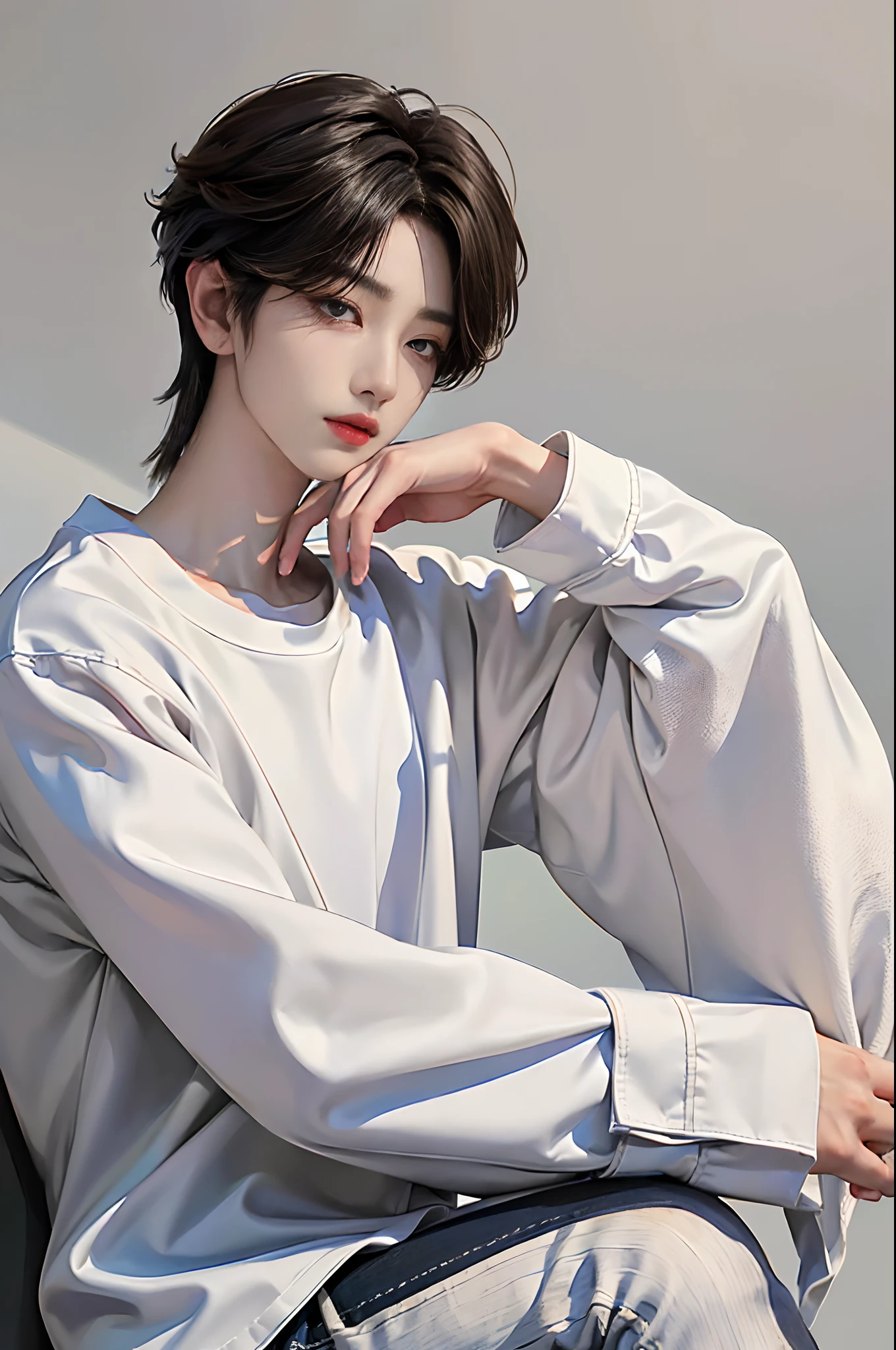 masterpiece、(top-quality)、((high-level image quality))、One Manly Boy、Slim body、((White Y-shirt and long black pants))、(Detailed beautiful eyes)、September Night Road、sitting on a curb、Face similar to Chaewon in Ruseraphim、((short hair above the ears))、((Smaller face))、((Neutral face))、((Light brown eyes))、((Korean boy))、((18year old))、((Handsome man))、((Wild look))、((Korean Makeup))、((elongated and sharp eyes))、((Sit next to the viewer))、((shot from a side angle))、((The upper part of the body))、((Close-range shooting))