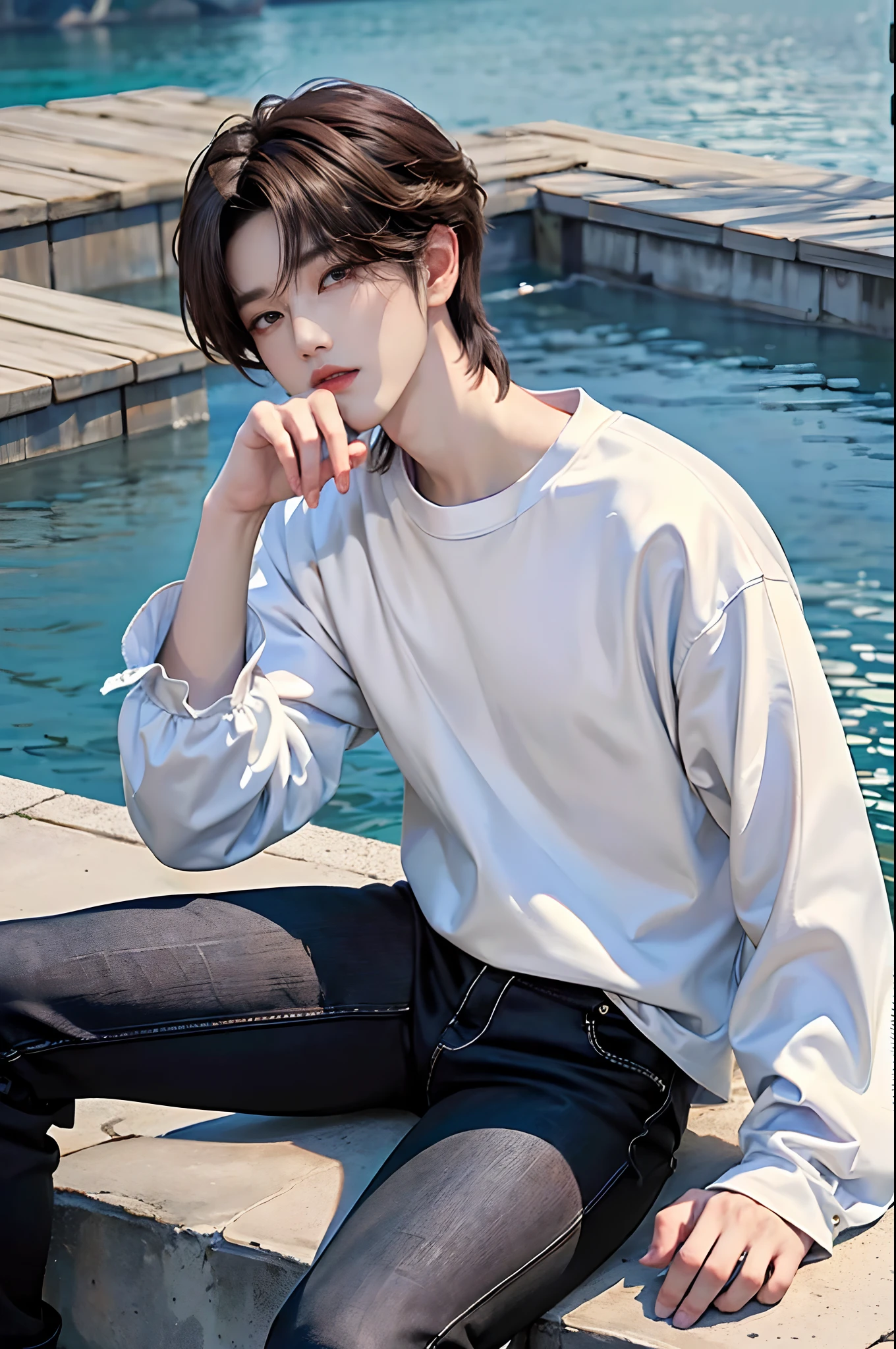masterpiece、(top-quality)、((high-level image quality))、One Manly Boy、Slim body、((White Y-shirt and long black pants))、(Detailed beautiful eyes)、September Night Road、sitting on a curb、Face similar to Chaewon in Ruseraphim、((short hair above the ears))、((Smaller face))、((Neutral face))、((Light brown eyes))、((Korean boy))、((18year old))、((Handsome man))、((Wild look))、((Korean Makeup))、((elongated and sharp eyes))、((Sit next to the viewer))、((shot from a side angle))、((The upper part of the body))、((Close-range shooting))