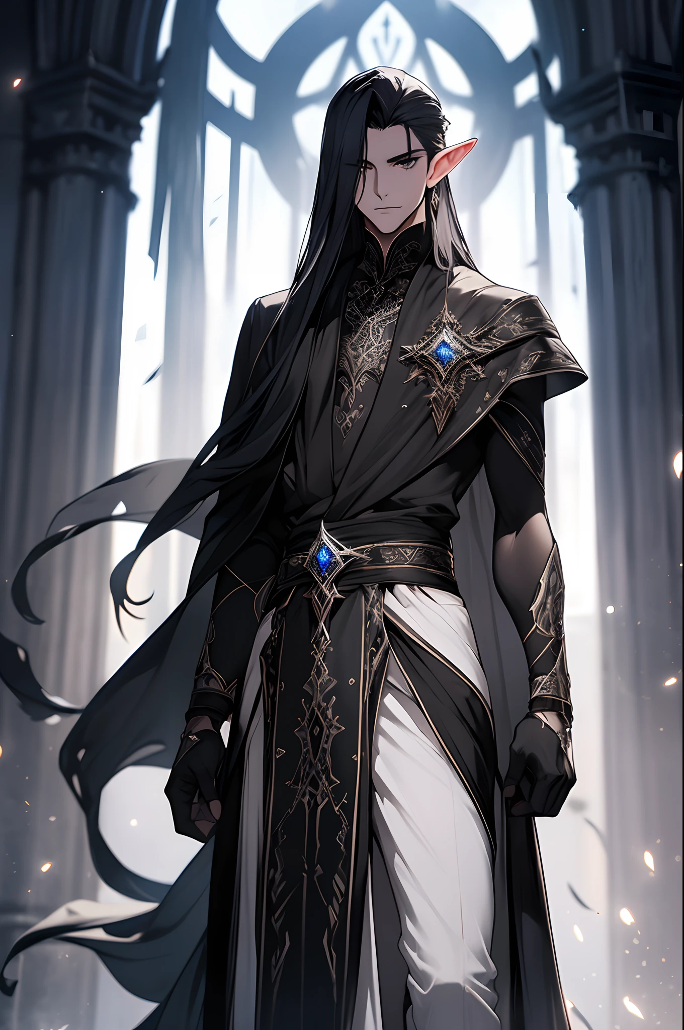 Uno appears as a striking figure with a blend of both human and elven features: Height: Uno stands at a moderately tall and slender stature, giving him an agile and graceful presence. Skin: His skin tone is fair, bearing a slight, ethereal luminescence that hints at his supernatural abilities. Hair: Uno's hair is a deep, raven-black that falls in straight, silky locks to his shoulders. His hair contrasts beautifully with his pale complexion. Eyes: His eyes are a mesmerizing shade of amethyst, with an intense, almost otherworldly glint that hints at his mystical powers. They are framed by finely arched eyebrows. Attire: Uno often dresses in attire that combines elements of both elven and human fashion. He favors dark, flowing robes adorned with intricate, silvery embroidery, giving him an enigmatic and mysterious appearance.