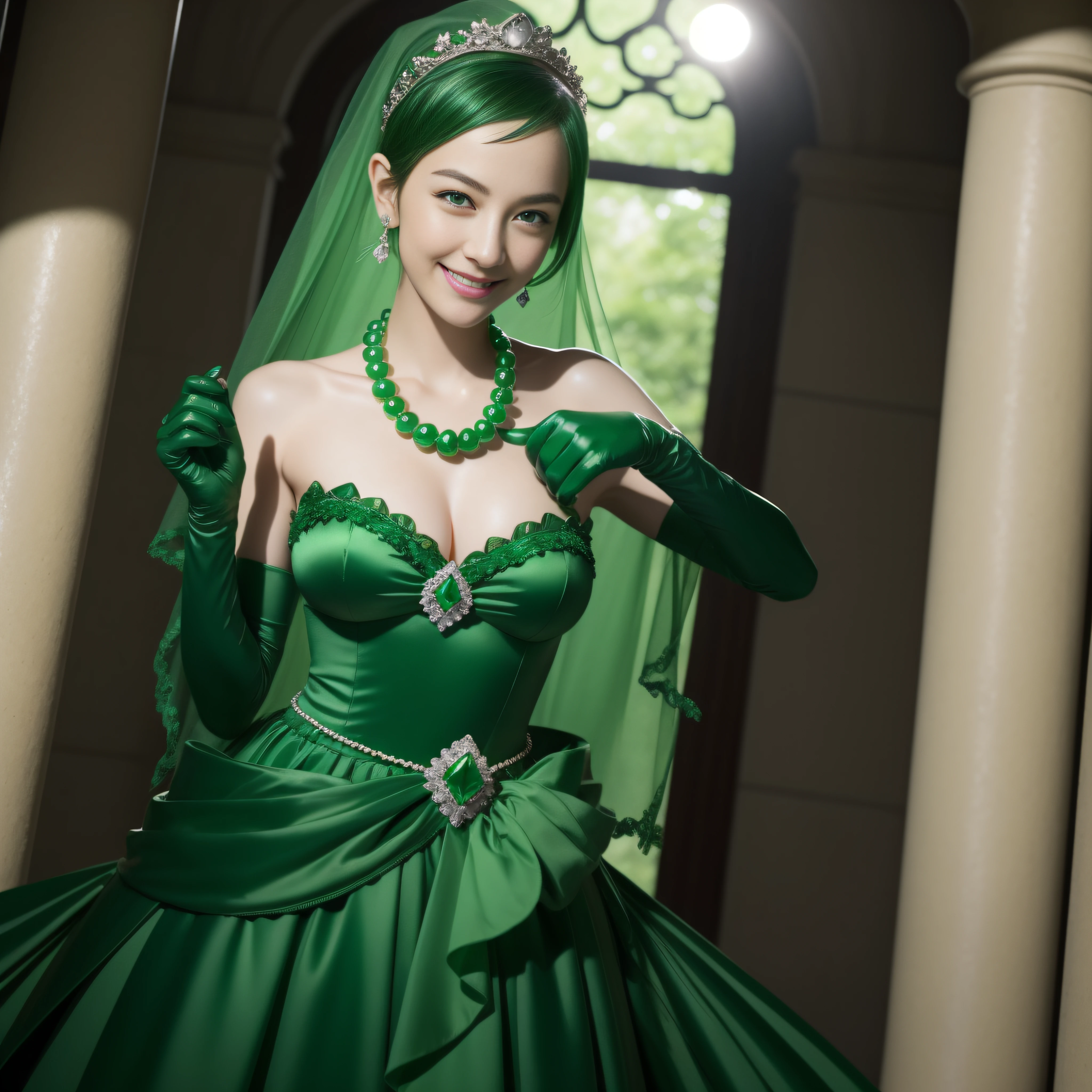 emerald tiara, Green Pearl Necklace, Boyish very short green hair, lipsticks, Japan woman smiling, very short short hair, big breasts beautiful, Green eyes, Long green gloves made of satin material, Green eyes