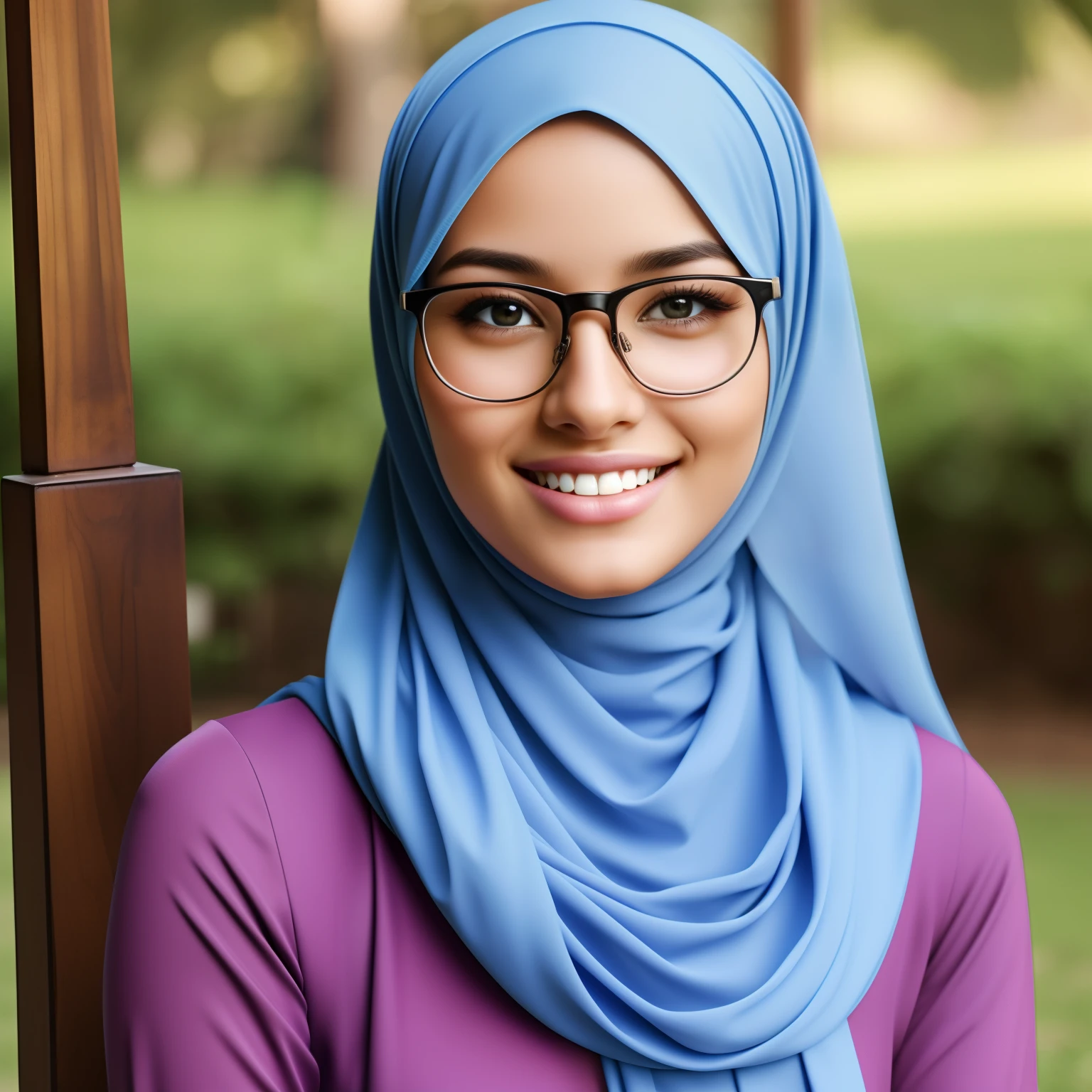 ultra realistic,16k, enhanced quality, perfect face, perfect hands, perfect body, ultra detailed,1girl, perfect hair, girl wearing glasses, perfect glasses, perfect smile, ultra realistic, ultra realistic background, sitting on a swing, ultra realistic girl wearing perfect hijab, ultra realistic particles, perfect duck lips, Islamic hijab.