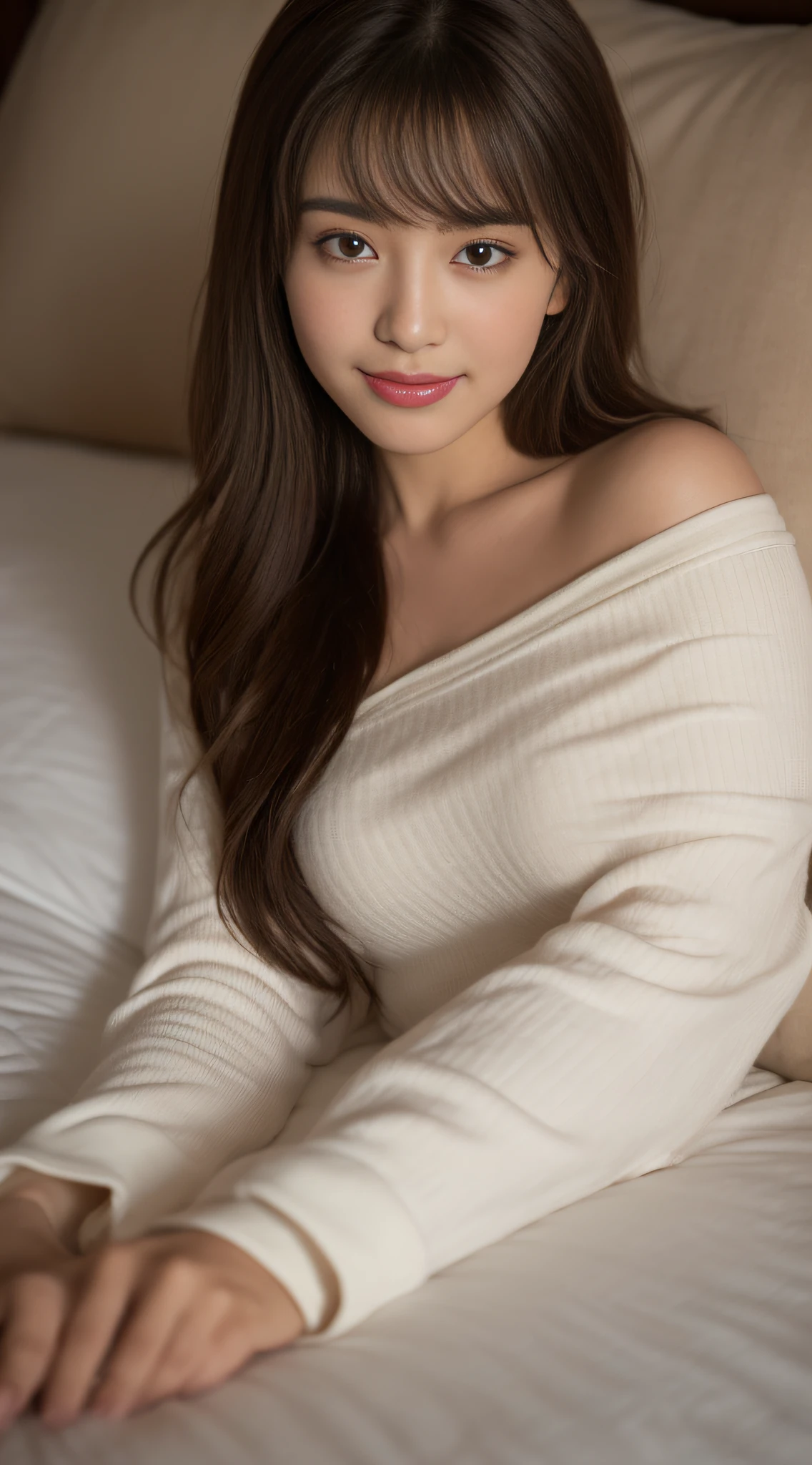 ((Day, Best Quality, 8K, Realistic)), Half body: 1.1, Slender abs: 1.2, ((Long layered dark brown hair: 1.2, Medium Breasts: 1.2)), (White thick pajamas: 1.1, Lying on bed: 1.1, No makeup on: 1.1, Natural), (Bed, Pillow. Morning light view: 1.1), Highly detailed face and skin texture, detailed eyes, double eyelids, selfie camera view, half body camera view, seductive smile, seductive shoulder pose: 1.2, (Face looking at the camera, Holding the camera far away: 1.1, Selfie: 1.2)