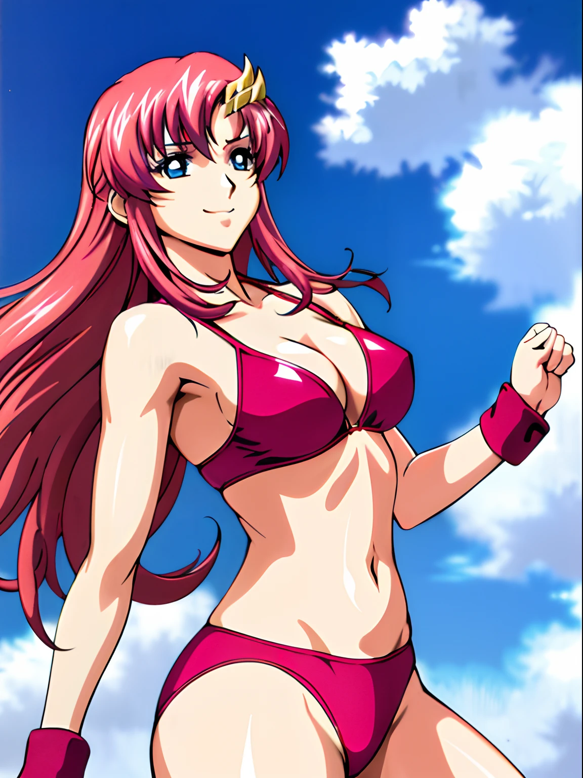 (masterpiece, upper body view, 4K, Best Quality, Anime style: 1.9, , tall, Adult Woman, ultra detailed face, (cloud background, wrestling), Drawing lines, high resolution, Anime, lacus4), 1girl, Solo, curvy figure, Long hair, 鎖骨, scapular, (Detailed wide hair bangs, Hair Ornament, Detailed reddish-pink hair), cleavage, large hands, (female wrestler). (Big blue eyes, shiny eyes), ((closed fists, broad shoulders)), ((perfect proportions, medium breasts, long belly)), (((bikini, pink wrestling gear))), happy, smile, stretching,