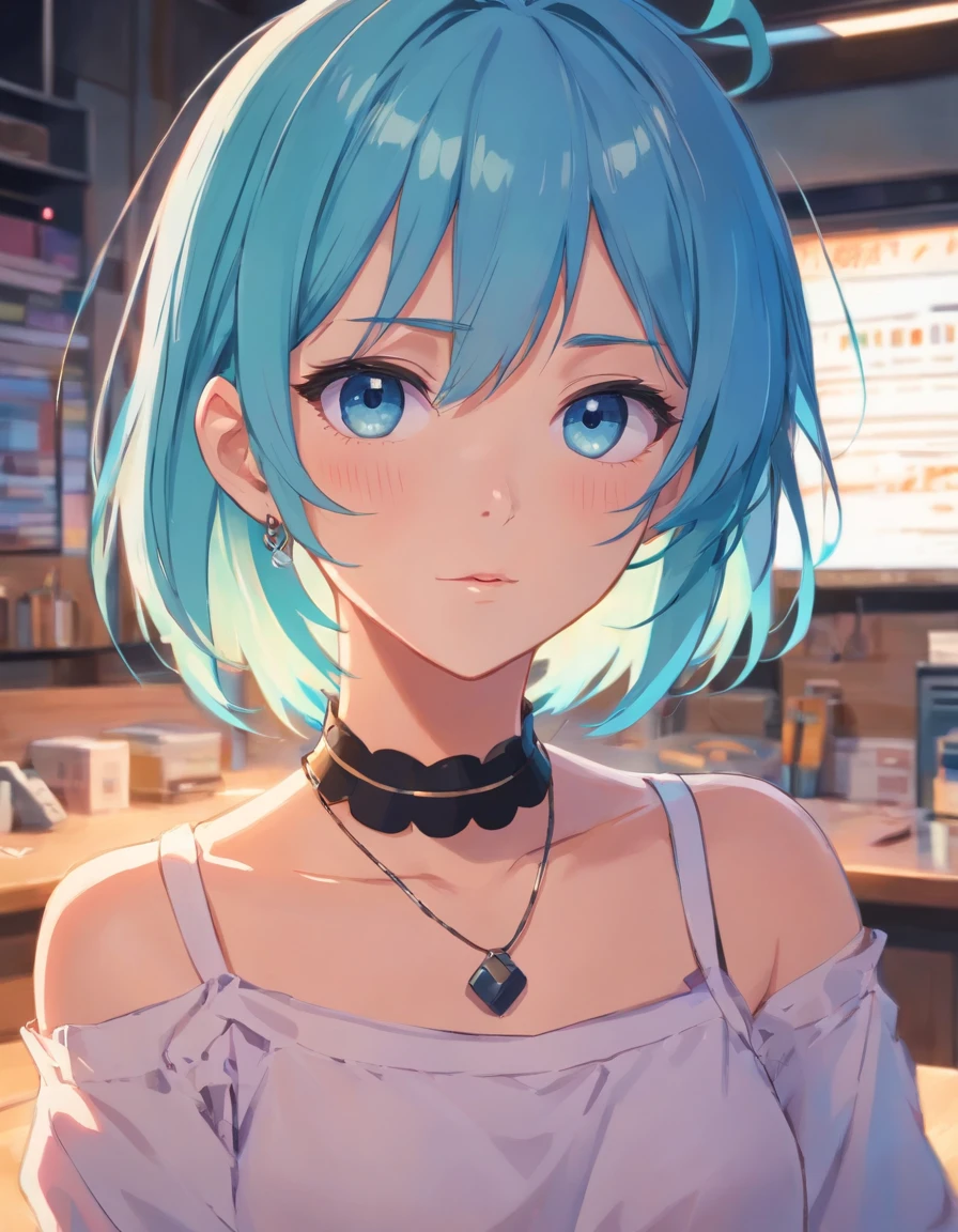 1girl, aqua eyes, bangs, black choker, blue hair, bright pupils, choker, closed mouth, collarbone, earrings, hair between eyes, indoors, jewelry, long hair, looking at viewer, multicolored hair, pink hair, shirt, solo, streaked hair, two-tone hair, upper body