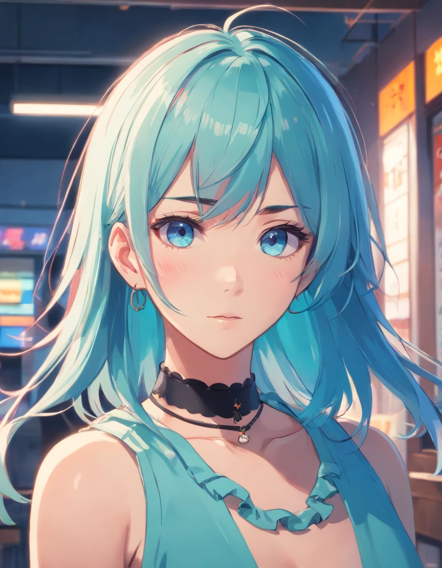 1girl, aqua eyes, bangs, black choker, blue hair, bright pupils, choker, closed mouth, collarbone, earrings, hair between eyes, indoors, jewelry, long hair, looking at viewer, multicolored hair, pink hair, shirt, solo, streaked hair, two-tone hair, upper body