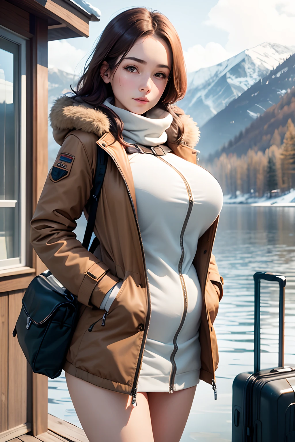 european girl, best quality, ultra high res, (photorealistic:1.4), winter, Russian village, nude, long leather boots, white fur coat, black panties, naked, perfect body, wide hips, huge breasts, nipples, (brown hair:1), ((puffy eyes)), happy, full body