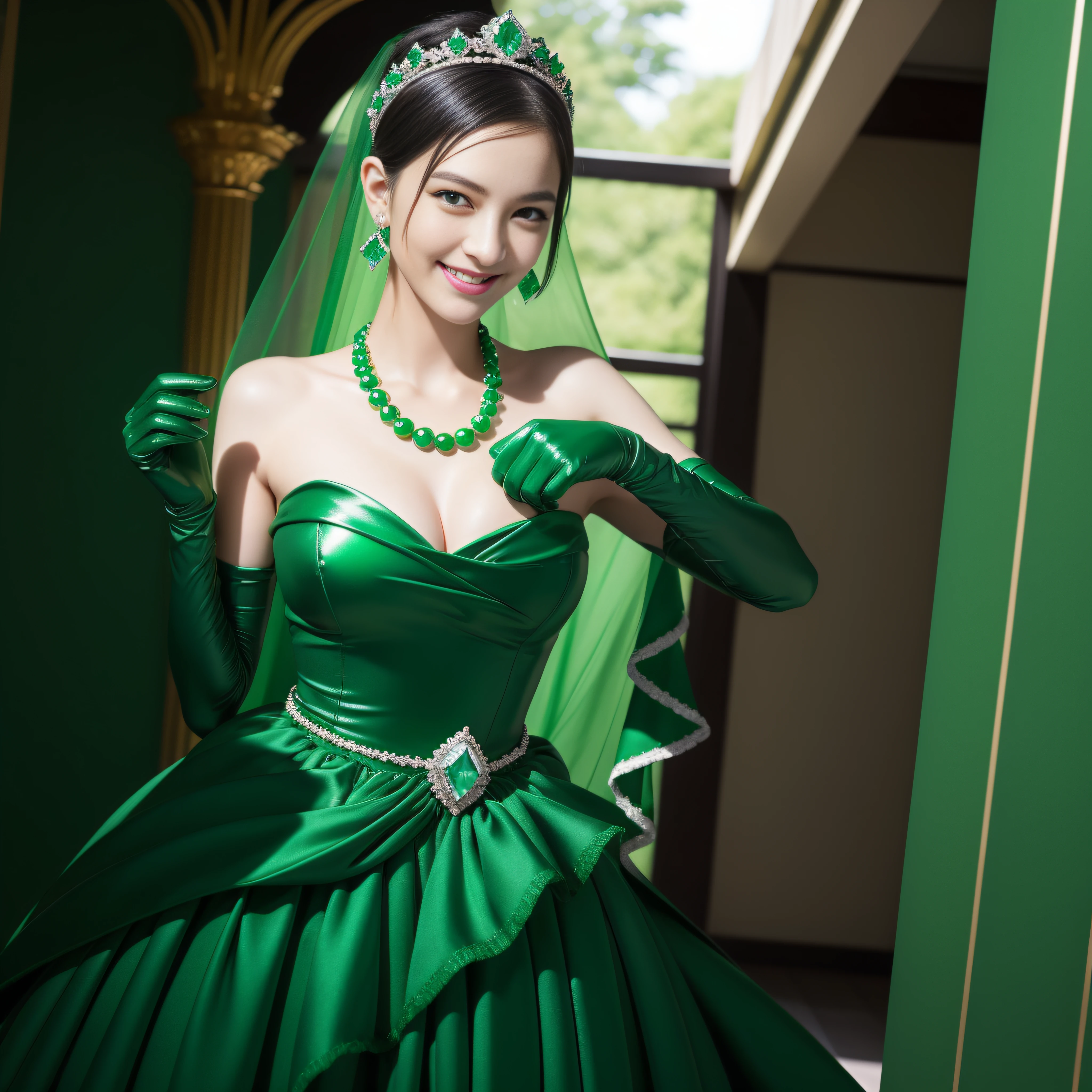 emerald tiara, Green Pearl Necklace, Boyish very short black hair, lipsticks, Japan woman smiling, very short short hair, big breasts beautiful, Green eyes, Long green gloves made of satin material, Green eyes, Emerald Earrings