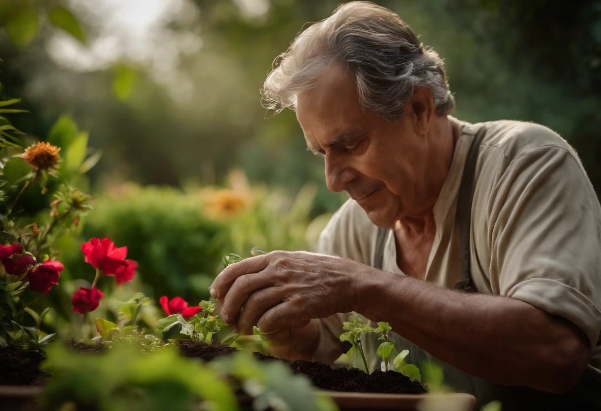 Homem jardineiro 50 anos, is in your garden, He has his hands in the dirt planting flowers, jardim com flores belas, flores raras, ambiente lindo