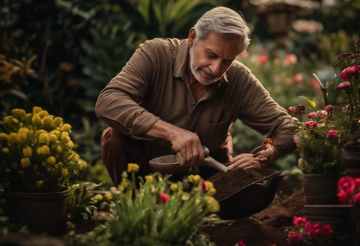 Homem jardineiro 50 anos, is in your garden, He has his hands in the dirt planting flowers, jardim com flores belas, flores raras, ambiente lindo