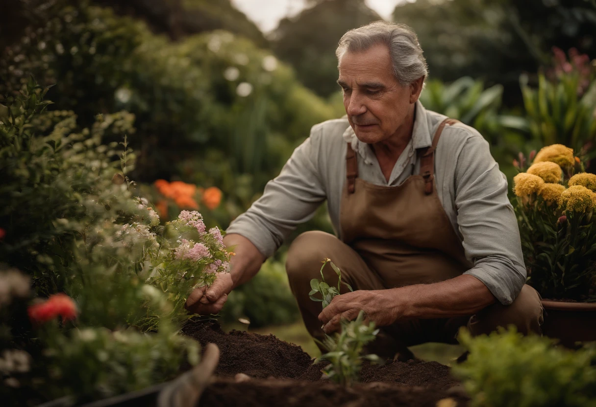 Homem jardineiro 50 anos, is in your garden, He has his hands in the dirt planting flowers, jardim com flores belas, flores raras, ambiente lindo