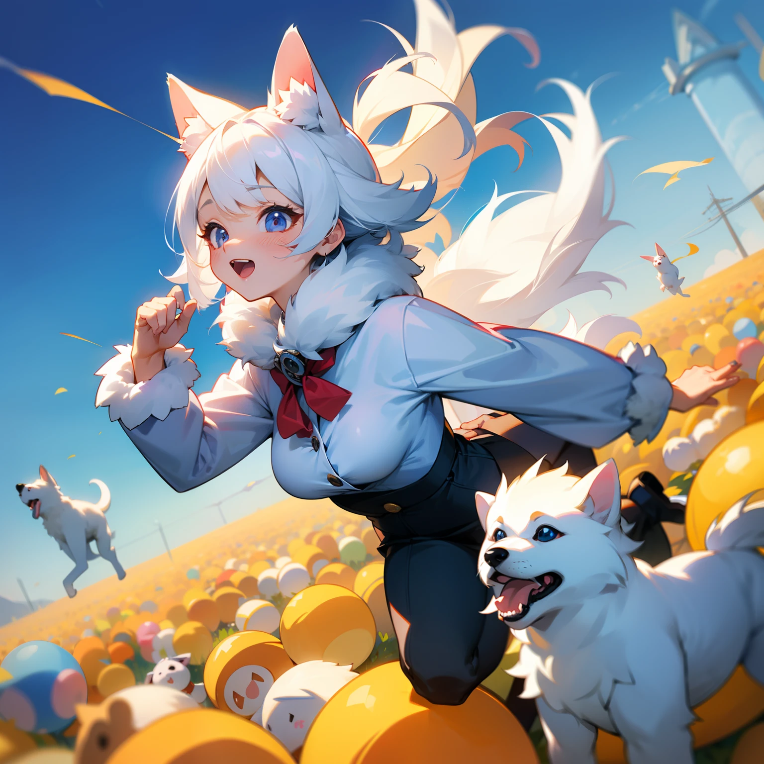 Falling from the sky to the ground、White hairs、fluffy fur、White puppy、Vigorous、Puppy who loves anime、,, furry animal,Instagram icon、The loveliness that everyone looks back on、1 girl in、One puppy、A smile that cheers everyone up、Travel through the world of anime、Spanning the world、look up to、Looking into the distance、Office Lady Style Clothes、Wearing a suit
