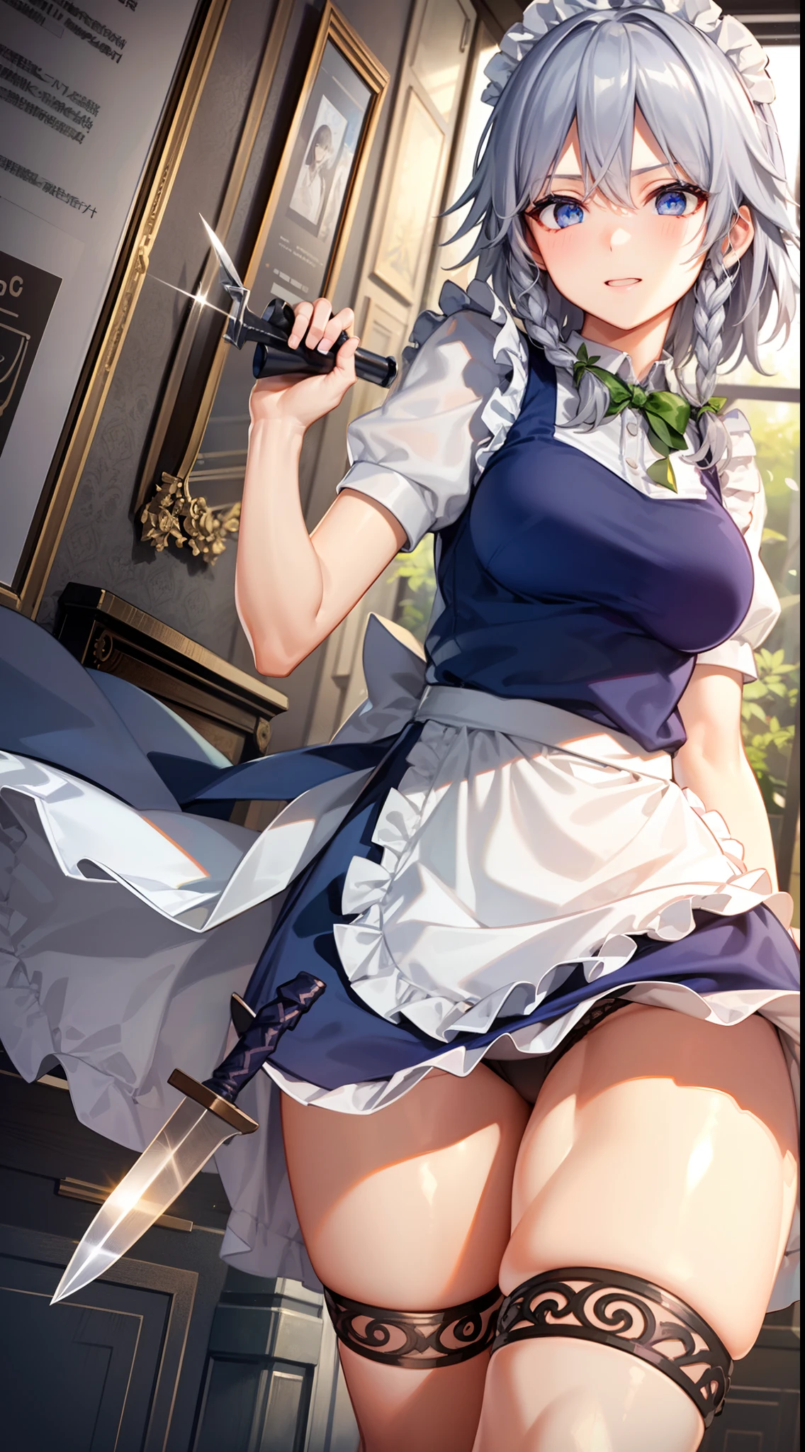 (Unity 16K Wallpaper, masutepiece, Best Quality, Ultra-detailed, extremely details CG, Cinematic lighting, Detailed, Beautiful detailed eyes, Solo),超A high resolution,Fine skin,A sexy,maid, maid apronl, Maid headdress, blush,from below,throwing a knife,floating hair, indoors, wind, indoors,showing underwear