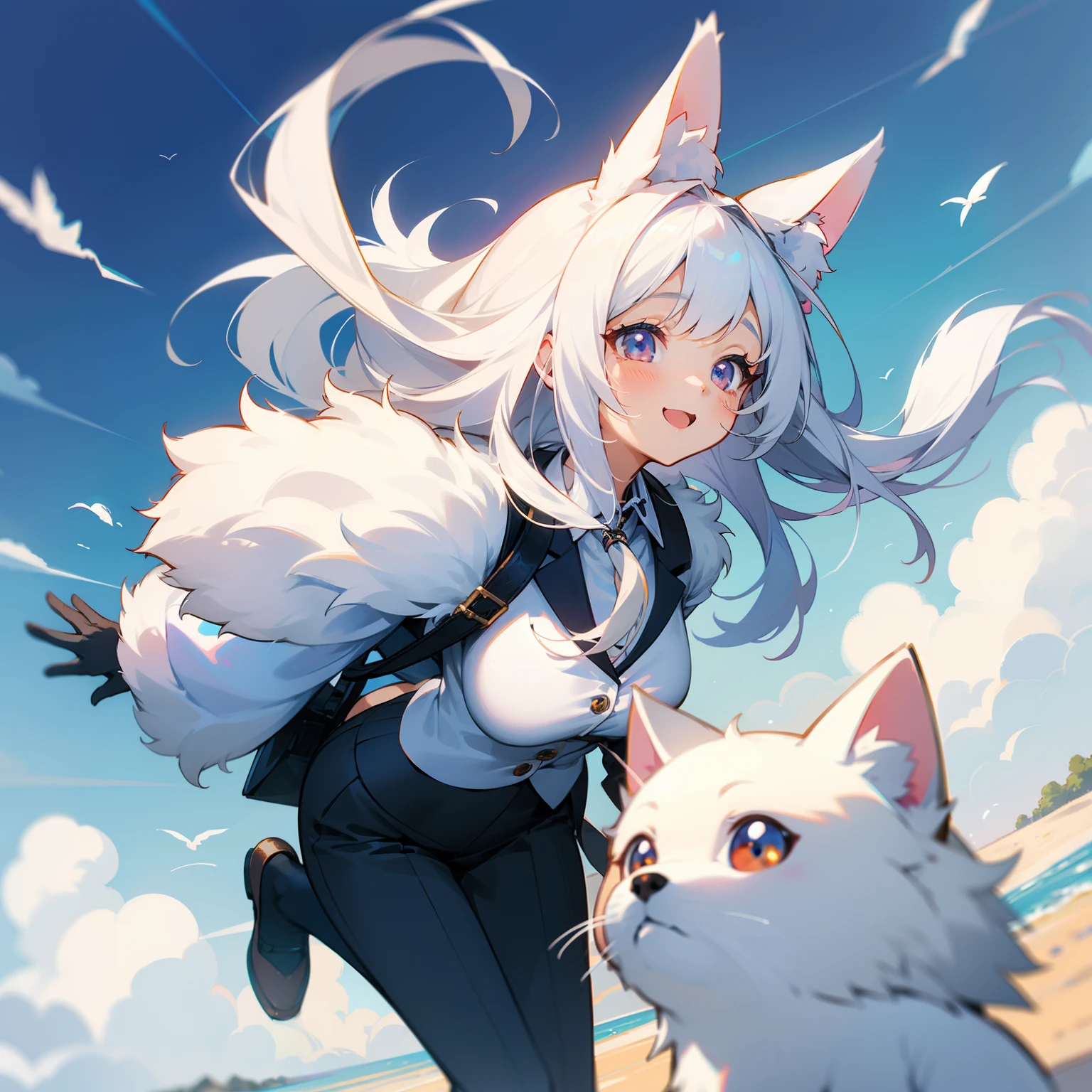 Falling from the sky to the ground、White hairs、fluffy fur、White puppy、Vigorous、Puppy who loves anime、,, furry animal,Instagram icon、The loveliness that everyone looks back on、1 girl in、One puppy、A smile that cheers everyone up、Travel through the world of anime、Spanning the world、look up to、Looking into the distance、Office Lady Style Clothes、Wearing a suit