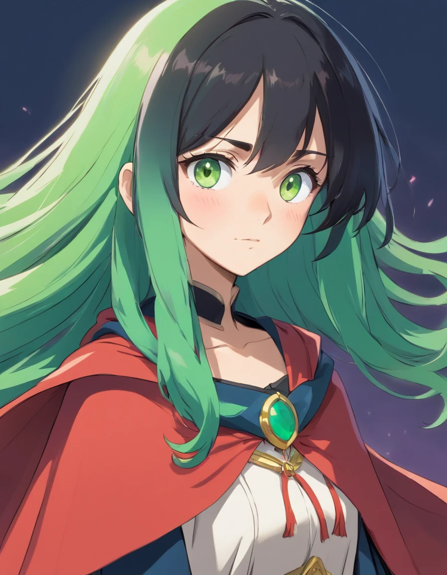 1girl, black hair, cape, facial mark, green eyes, hair between eyes, long hair, looking at viewer, multicolored hair, official style, parody, solo, two-tone hair, white hair