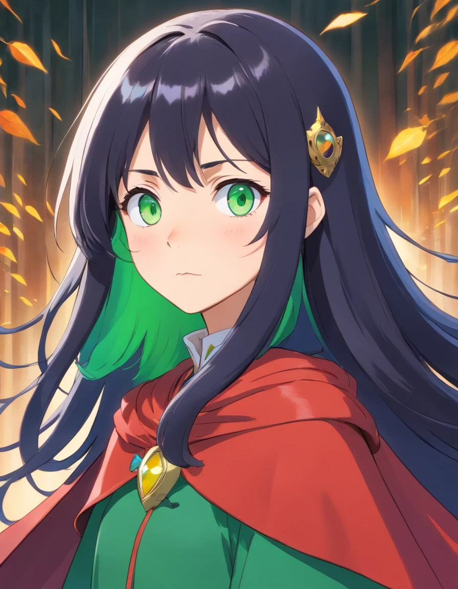 1girl, black hair, cape, facial mark, green eyes, hair between eyes, long hair, looking at viewer, multicolored hair, official style, parody, solo, two-tone hair, white hair