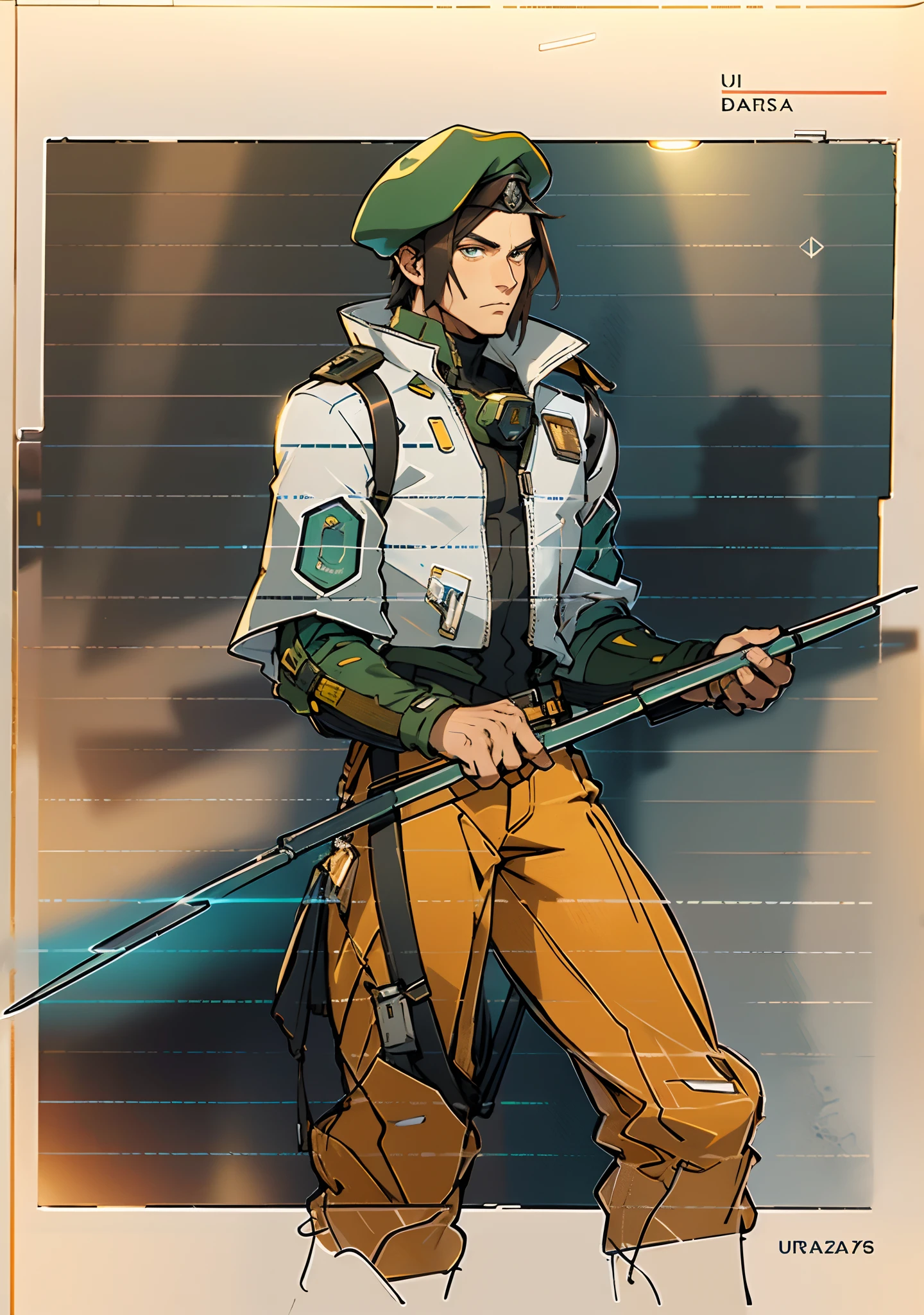 1 man, a man with black short hair, a beret on his head, icy and resolute eyes, a refined face, no expression, wears a two-piece futuristic military-style outfit, tall and slender, wears a light-colored Chinese-style undershirt, a short cape, primarily in shades of green and white, accented by touches of red and yellow, wears dark pants, holds a futuristic-style long metal rod in his hands, set within the futuristic sci-fi atmosphere of a spaceship, this character embodies a finely crafted a futuristic sci-fi military officer in anime style, characterized by an exquisite and mature manga illustration art style, high definition, best quality, highres, ultra-detailed, ultra-fine painting, extremely delicate, professional, anatomically correct, symmetrical face, extremely detailed eyes and face, high quality eyes, creativity, RAW photo, UHD, 8k, Natural light, cinematic lighting, masterpiece:1.5