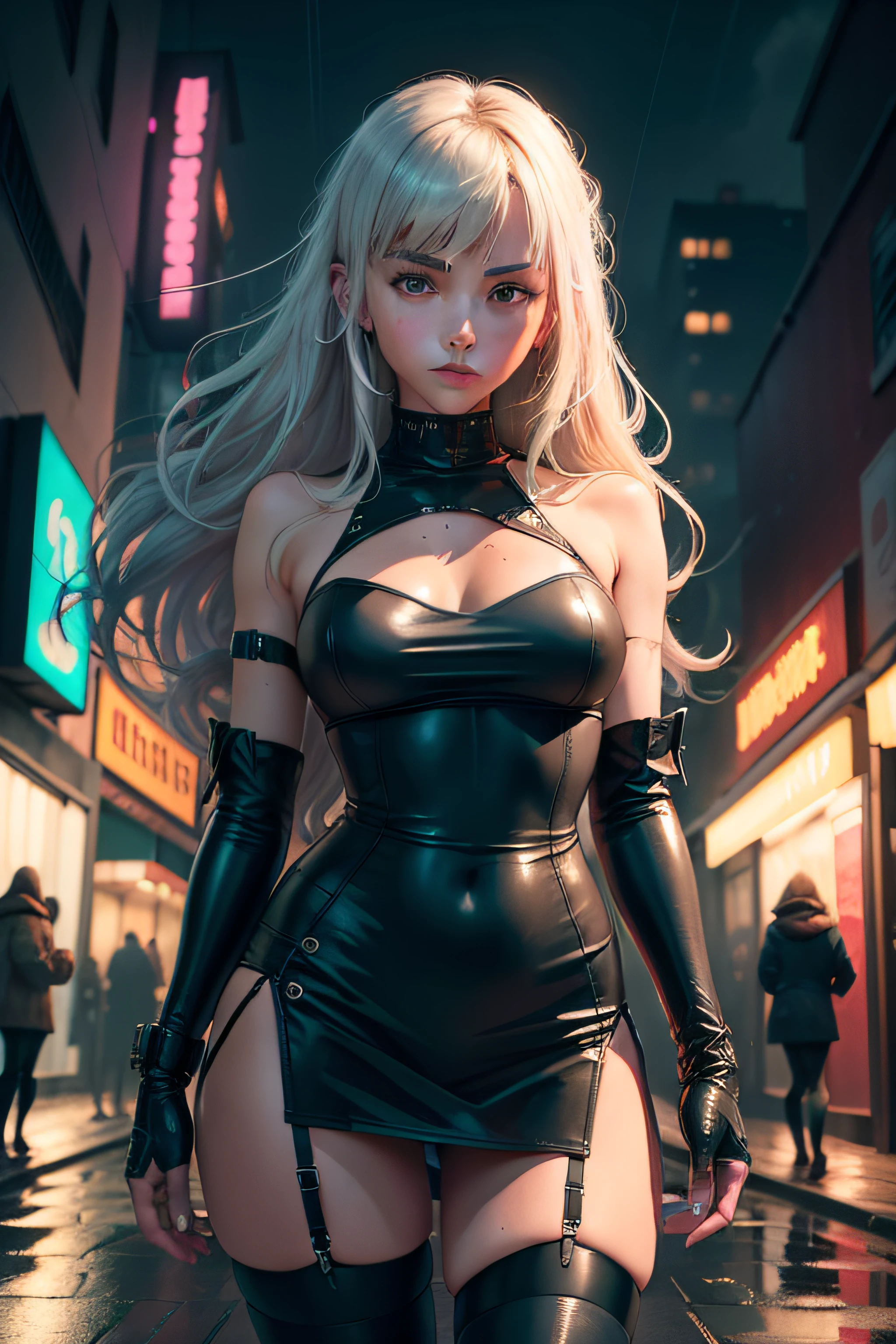 (best qualtiy,tmasterpiece:1.3), beuaty girl, Rainy days, Mist, alleys, looking at viewert, facing the photo, Cyberpunk-city, Alone in the alley, Neon lights in the alley, Very reflective city, long whitr hair, leg-garter,Tight miniskirt,nedium breasts,Clothes with openings, perfect hand,delicated,the night,Fell,One hand between your legs