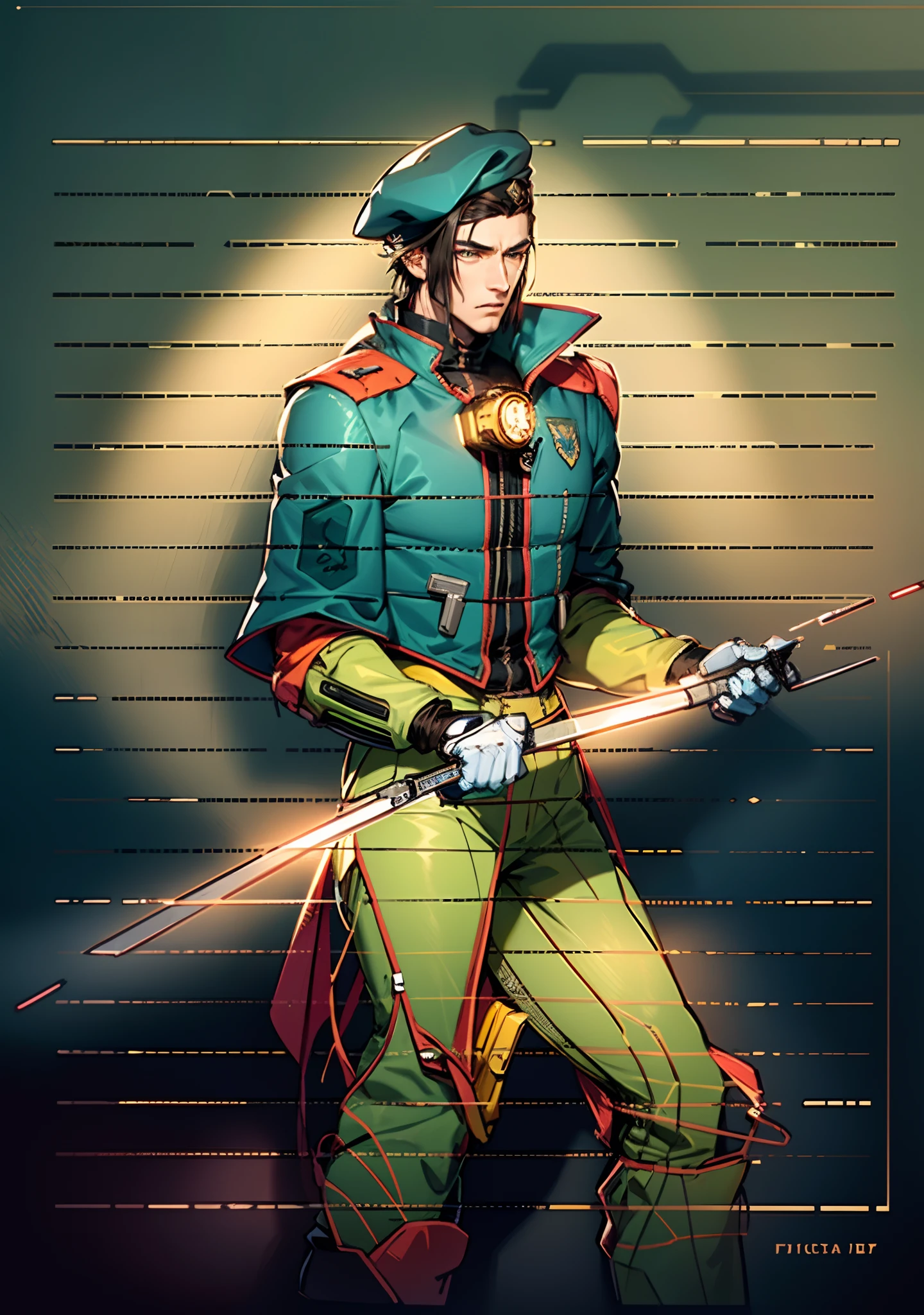 1 man, a man with black short hair, a beret on his head, icy and resolute eyes, a refined face, no expression, wears a two-piece futuristic military-style outfit, tall and slender, wears a light-colored Chinese-style undershirt, a short cape, primarily in shades of green and white, accented by touches of red and yellow, wears dark pants, holds a futuristic-style long metal rod in his hands, set within the futuristic sci-fi atmosphere of a spaceship, this character embodies a finely crafted a futuristic sci-fi military officer in anime style, characterized by an exquisite and mature manga illustration art style, high definition, best quality, highres, ultra-detailed, ultra-fine painting, extremely delicate, professional, anatomically correct, symmetrical face, extremely detailed eyes and face, high quality eyes, creativity, RAW photo, UHD, 8k, Natural light, cinematic lighting, masterpiece:1.5