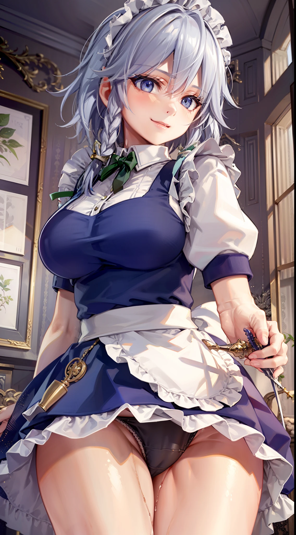 (Unity 16K Wallpaper, masutepiece, Best Quality, Ultra-detailed, extremely details CG, Cinematic lighting, Detailed, Beautiful detailed eyes, Solo),超A high resolution,Fine skin,A sexy,maid, maid apronl, Maid headdress, blush,from below,throwing a knife,floating hair, indoors, wind, indoors,showing underwear, seductive smile,