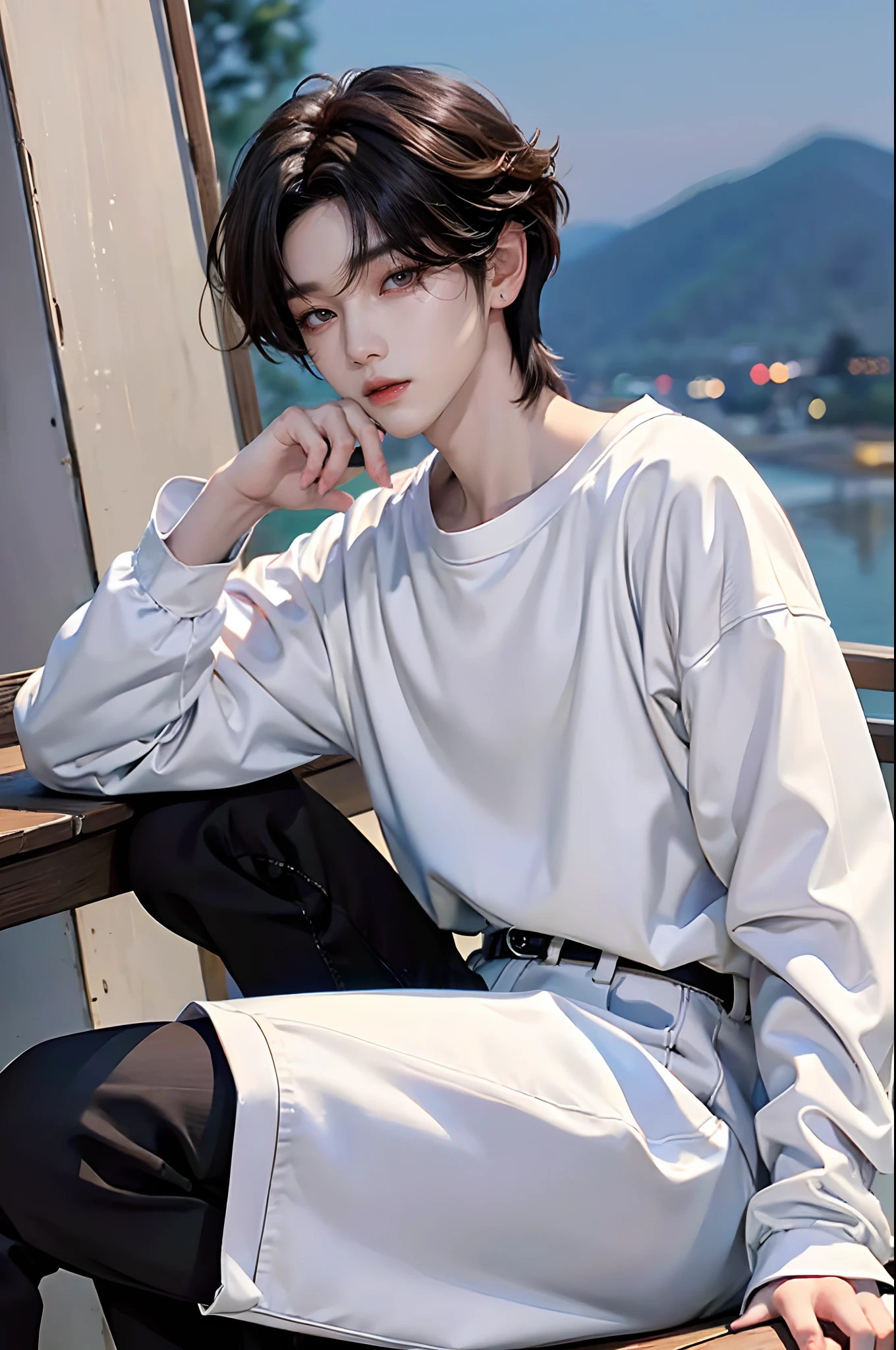 masterpiece、(top-quality)、((high-level image quality))、One Manly Boy、Slim body、((White Y-shirt and long black pants))、(Detailed beautiful eyes)、September Night Road、Sit on the curb with your back to the wall、Face similar to Chaewon in Ruseraphim、((short hair above the ears))、((Smaller face))、((Neutral face))、((Light brown eyes))、((Korean boy))、((18year old))、((Handsome man))、((Wild look))、((Korean Makeup))、((elongated and sharp eyes))、((Sit next to the viewer))、((shot from a side angle))、((The upper part of the body))、((Close-range shooting))