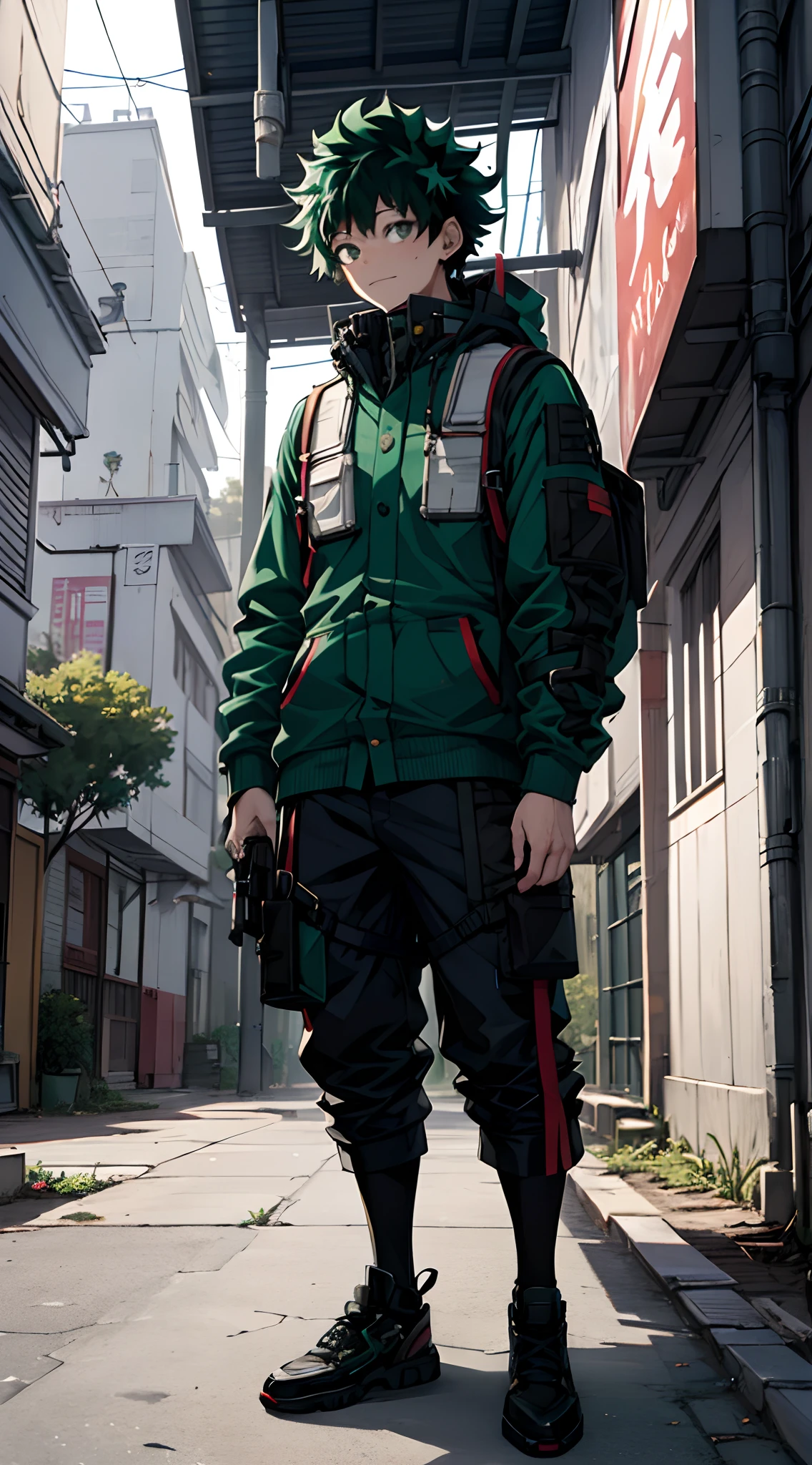 (midoriya_izuku), (high resolution), (ultra detailed), full body shot, look at viewer, street wear, A handsome boy, frontal, green hair, on the street, super high detail, high real, 4K, super detail, anime boy, anime style, cyberpunk city background