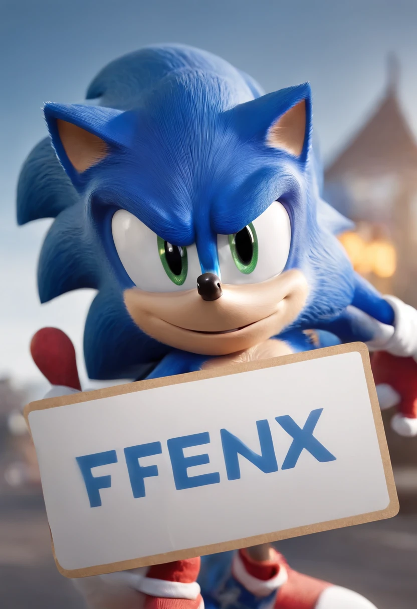 a SONIC holding up a sign that says "FENIX INFORMATICA" REALIST CYBERFUTURIST, illustration, cinematic, 3d render, photo