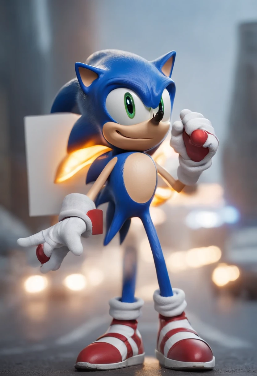 a SONIC holding up a sign that says "FENIX INFORMATICA" REALIST CYBERFUTURIST, illustration, cinematic, 3d render, photo
