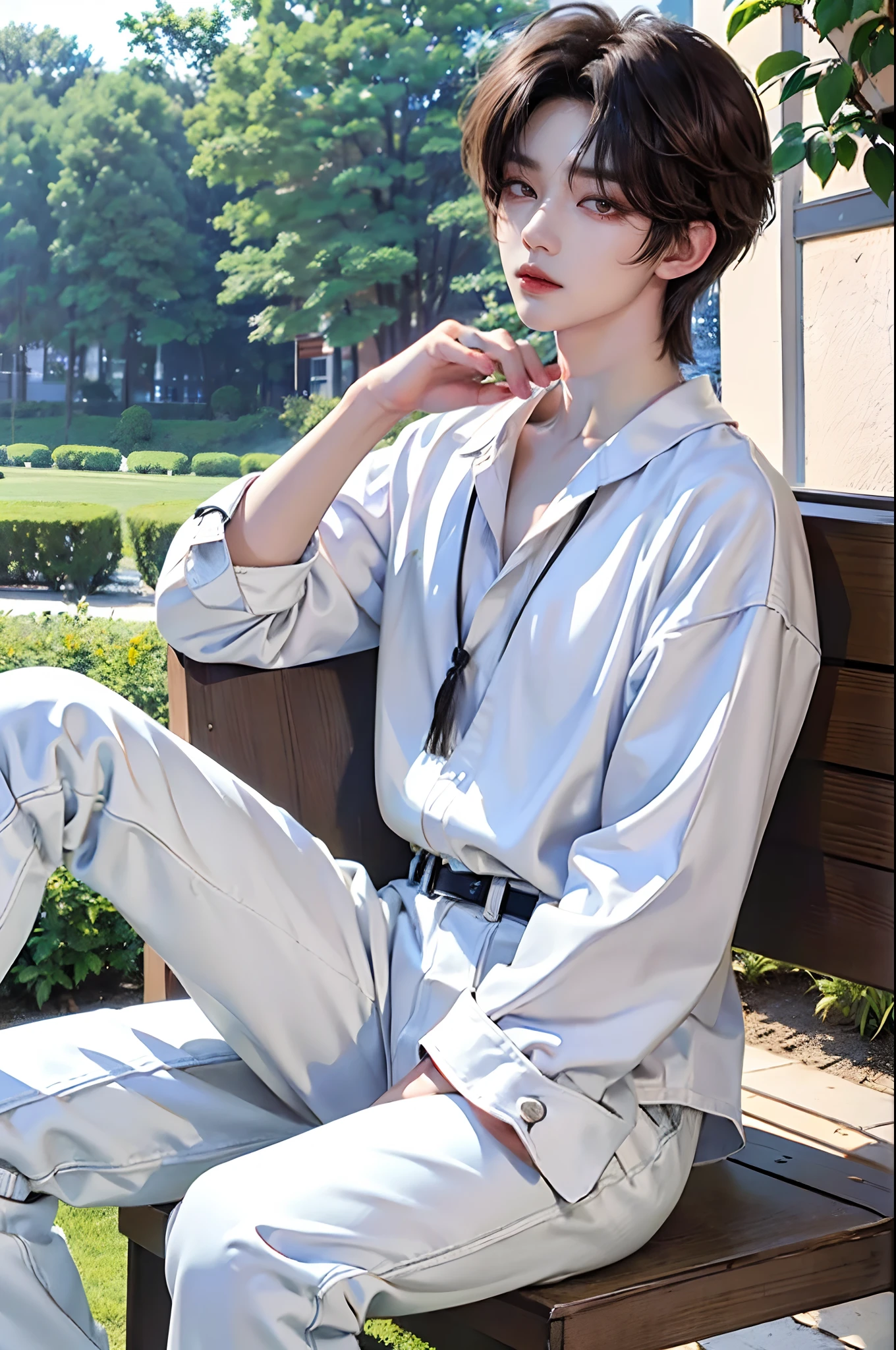 masterpiece、(top-quality)、((high-level image quality))、One Manly Boy、Slim body、((White Y-shirt and long black pants))、(Detailed beautiful eyes)、September Night Road、sitting on a curb、Face similar to Chaewon in Ruseraphim、((short hair above the ears))、((Smaller face))、((Neutral face))、((Light brown eyes))、((Korean boy))、((18year old))、((Handsome man))、((Wild look))、((Korean Makeup))、((elongated and sharp eyes))、((Sit next to the viewer))、((shot from a side angle))、((The upper part of the body))、((Close-range shooting))