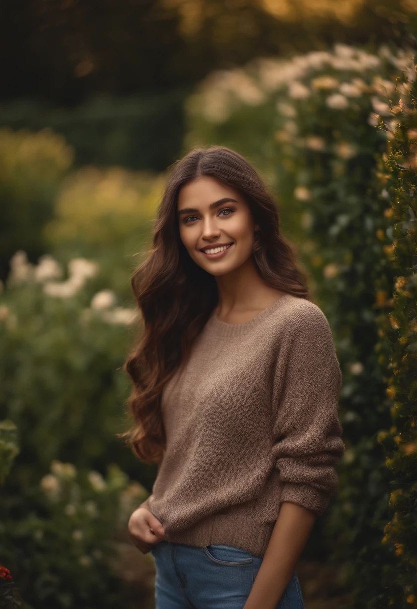 masterpiece,DSLR photo,analog style,nikon d5,real photo,a photo of a beautiful 20 year old woman,dramatic lighting (85mm),with Blooming garden in the background,(detailed facial features),(detailed shiny eyes),dynamic angle,Michelangelo style,long hair,turtleneck sweater,smiling face:1.4,