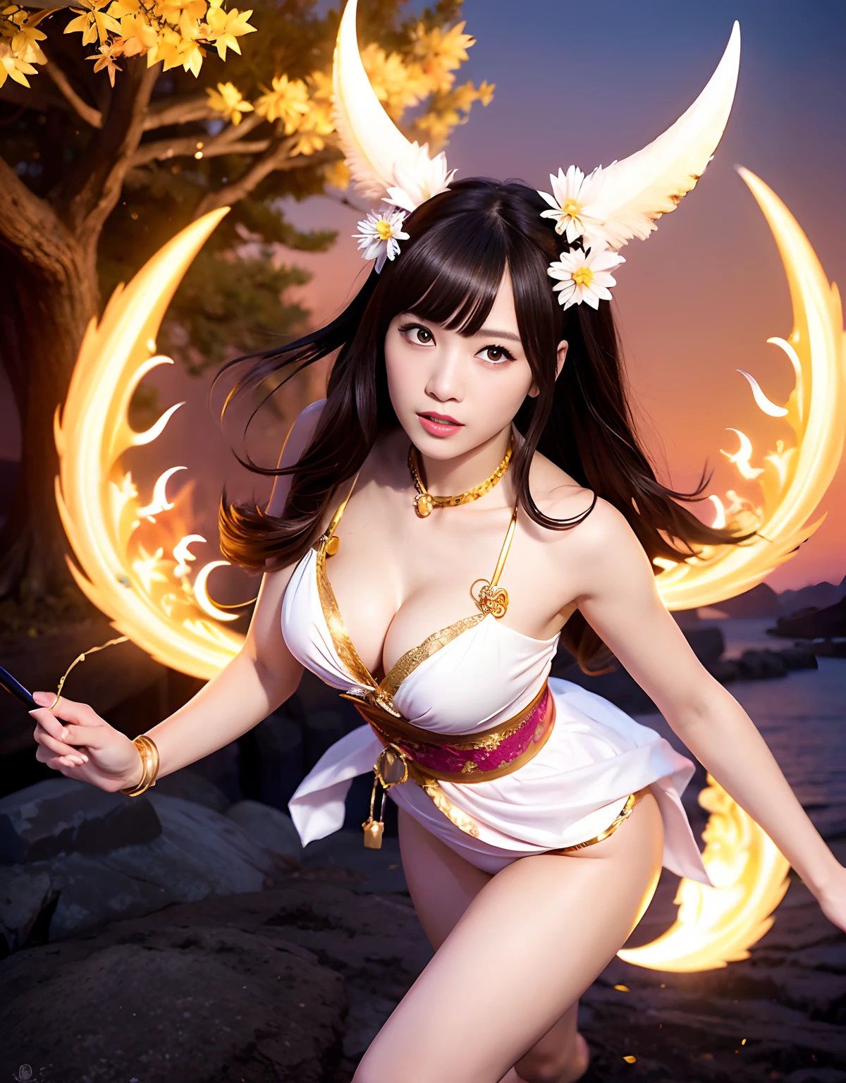 ((World of Darkness)),Professional , ​masterpiece、top-quality、photos realistic , depth of fields 、（sexypose）、Oiran hairstyle、Maiko's hairstyle、(White maple on full bloom background),（Ultimate Beauty）、A dark-haired、（shrine background)、（Kimono with beautiful pattern）、（Night background）、Beautiful hair ornament on the head、（（Precipitous cliffs））,(Wear a beautiful kimono),（Wear a beautiful kimono with colorful floral patterns）、Jewel Gold Weapon、Particles of light),(Wearing a wizard's hat）、Gorgeous gold weapons ,Castle background、（（ Gorgeous Dragon Sword）） , （a dark night）,,（maikurobikini） 、（（Black Haired Beautiful Girl））、（Castle background）、（demonic wings）、（（Gangle's forest background））、Beautiful Caucasian beauty、１a person、dynamic ungle,(((Two devil's horns on the head)))、Smaller head、Idle Smile、Thin and beautiful female hands、Mystical expression、Light Effects、intense fighting、Wind-effect、magic circles、With the legendary magic wand、Dragon's tail、Full Body Angle、