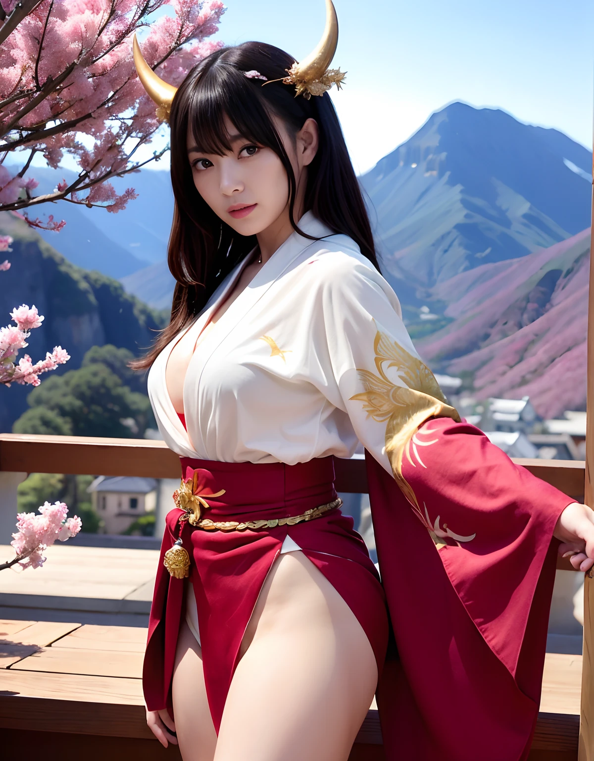 ((World of Darkness)),Professional , ​masterpiece、top-quality、photos realistic , depth of fields 、（sexypose）、Oiran hairstyle、Maiko's hairstyle、(White maple on full bloom background),（Ultimate Beauty）、A dark-haired、（shrine background)、（Kimono with beautiful pattern）、（Night background）、Beautiful hair ornament on the head、（（Precipitous cliffs））,(Wear a beautiful kimono),（Wear a beautiful kimono with colorful floral patterns）、Jewel Gold Weapon、Particles of light),(Wearing a wizard's hat）、Gorgeous gold weapons ,Castle background、（（ Gorgeous Dragon Sword）） , （a dark night）,,（maikurobikini） 、（（Black Haired Beautiful Girl））、（Castle background）、（demonic wings）、（（Gangle's forest background））、Beautiful Caucasian beauty、１a person、dynamic ungle,(((Two devil's horns on the head)))、Smaller head、Idle Smile、Thin and beautiful female hands、Mystical expression、Light Effects、intense fighting、Wind-effect、magic circles、With the legendary magic wand、Dragon's tail、Full Body Angle、