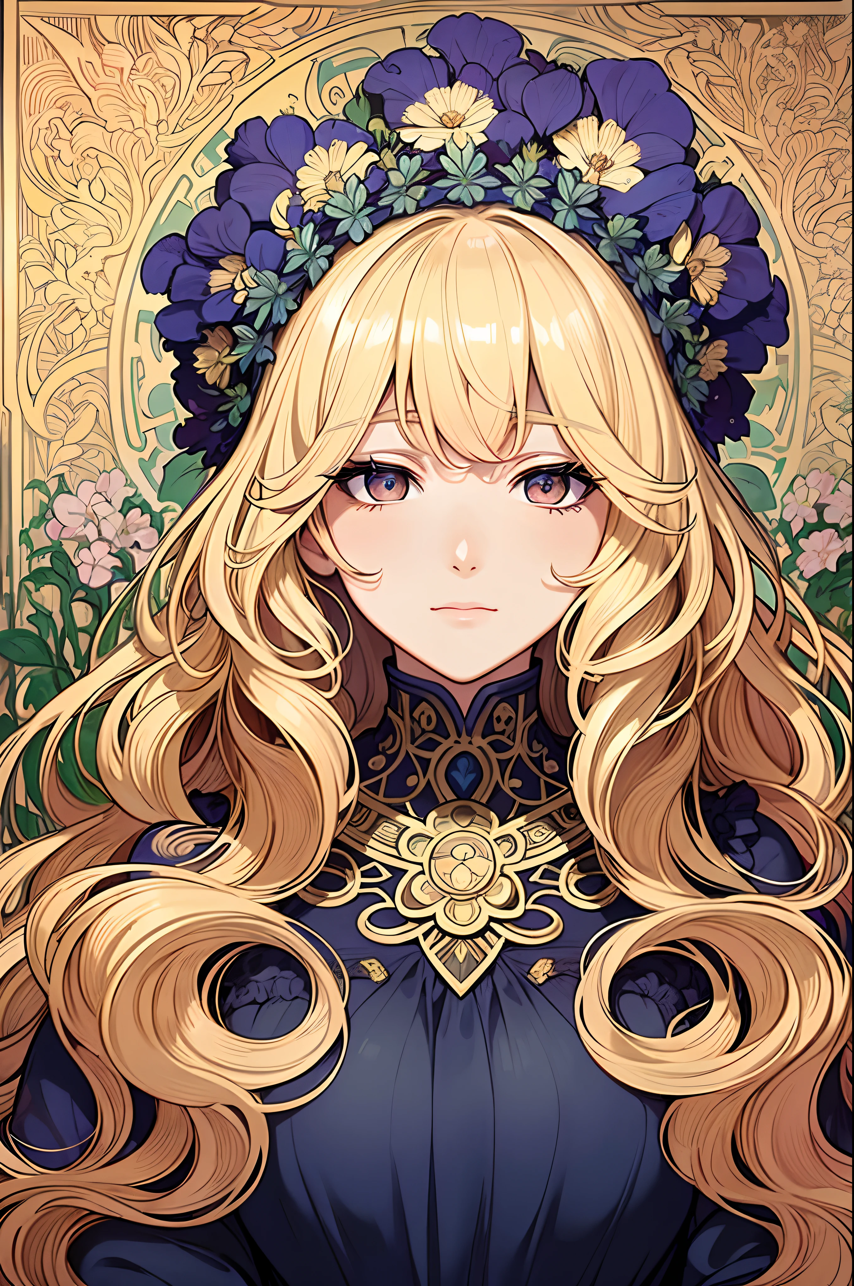 European woman's face portrait, long curly hair, blonde, flower frame, decorative panel, abstract art, by Alphonse Mucha (masterpiece, highest quality, high resolution: 1.4), detailed, intricate details, 4K, color splash, line art, Fibonacci, in underwear