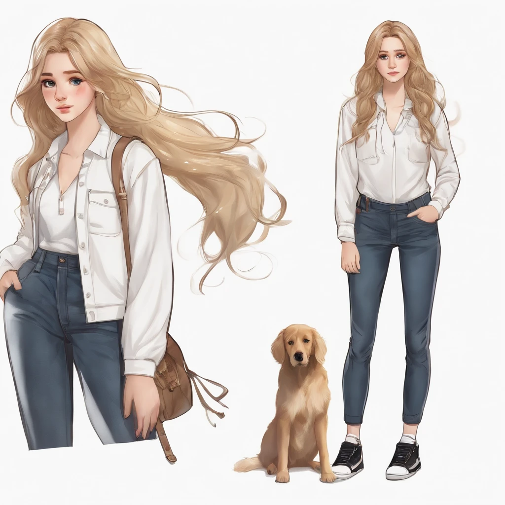 frontal image, concept art of the character, white background, full body, realistic drawing, standing, 1 girl, long and wavy golden hair, thin white long-sleeved shirt, jeans and black sneakers, 17 yeaemely beautiful, reclusive and sad posture, sad expression, sketches of the character around her, beautiful shape and aesthetics of the face and body