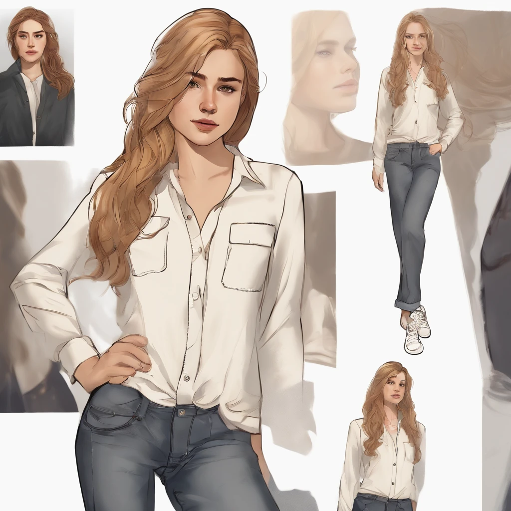 frontal image, concept art of the character, white background, full body, realistic drawing, standing, 1 girl, long and wavy golden hair, thin white long-sleeved shirt, jeans and black sneakers, 17 yeaemely beautiful, reclusive and sad posture, sad expression, sketches of the character around her, beautiful shape and aesthetics of the face and body