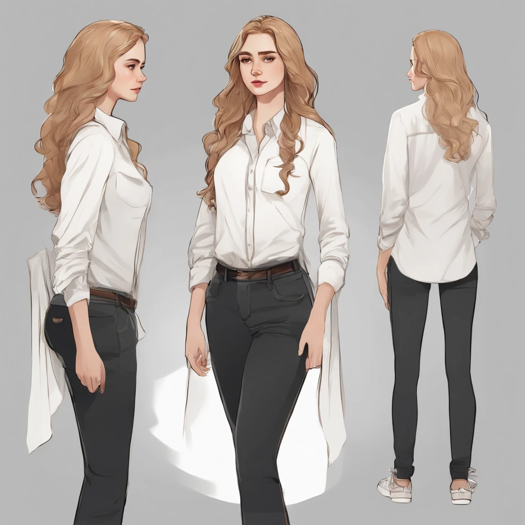 frontal image, concept art of the character, white background, full body, realistic drawing, standing, 1 girl, long and wavy golden hair, thin white long-sleeved shirt, jeans and black sneakers, 17 yeaemely beautiful, reclusive and sad posture, sad expression, sketches of the character around her, beautiful shape and aesthetics of the face and body