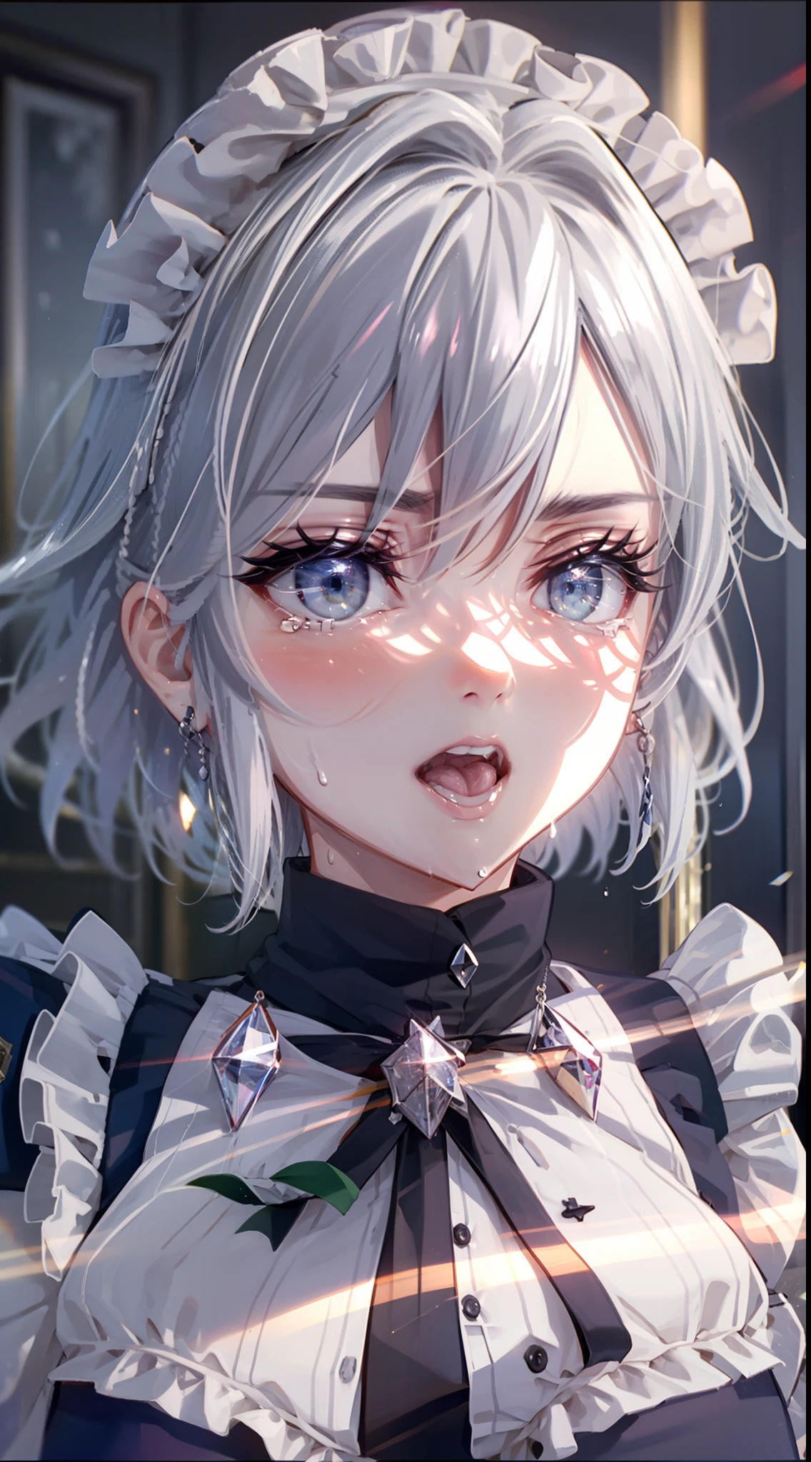 (Unity 16K Wallpaper, masutepiece, Best Quality, Ultra-detailed, extremely details CG, Cinematic lighting, Detailed, Beautiful detailed eyes, Solo),超A high resolution,Fine skin,A sexy,maid, maid apronl, Maid headdress,Knives, ahegao, blush, sweat, open mouth, rolling eyes, tears, tongue out, angry, From below, Indoors,